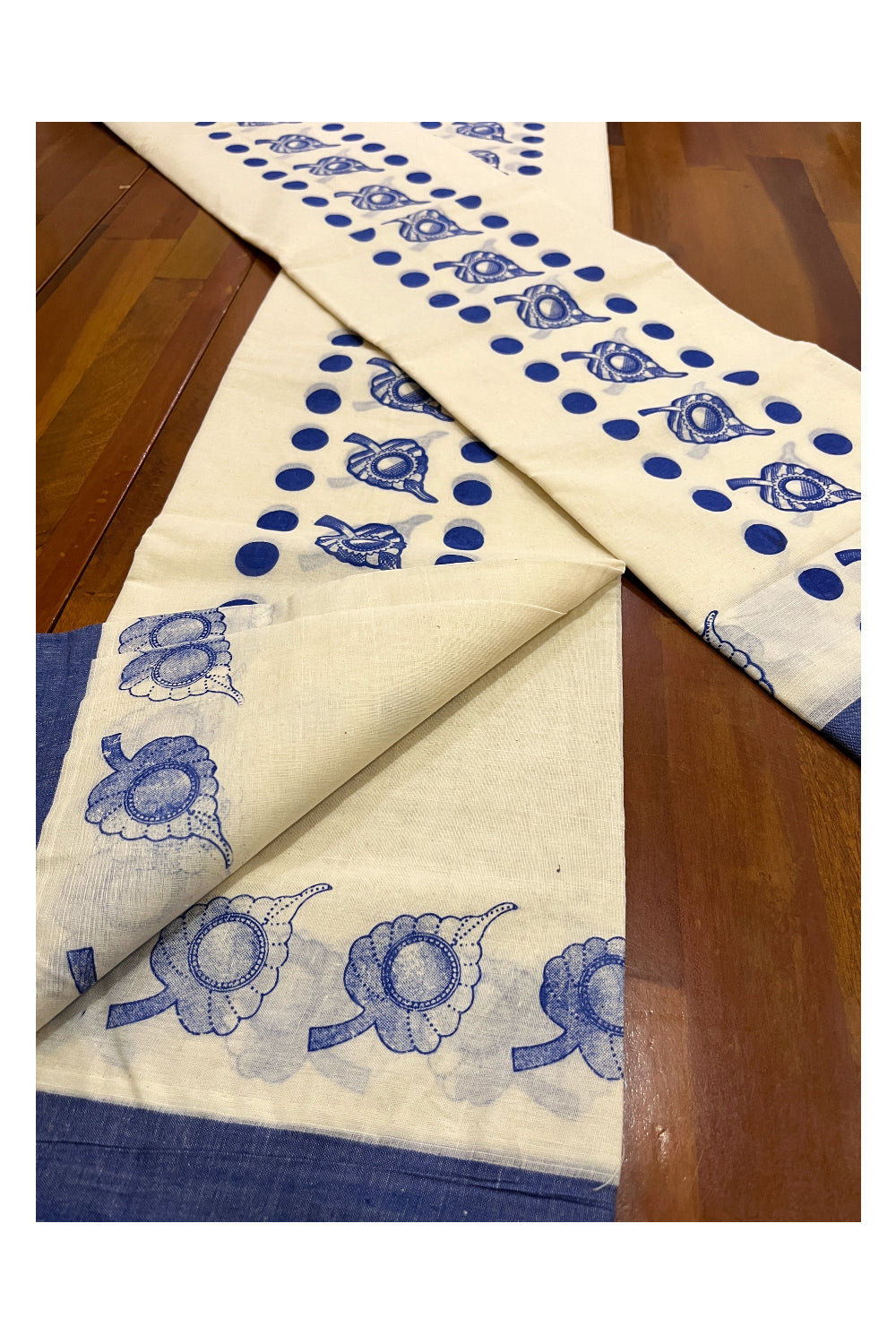 Kerala Cotton Set Mundu (Mundum Neriyathum) with Blue Polka Leaf Block Prints on Border