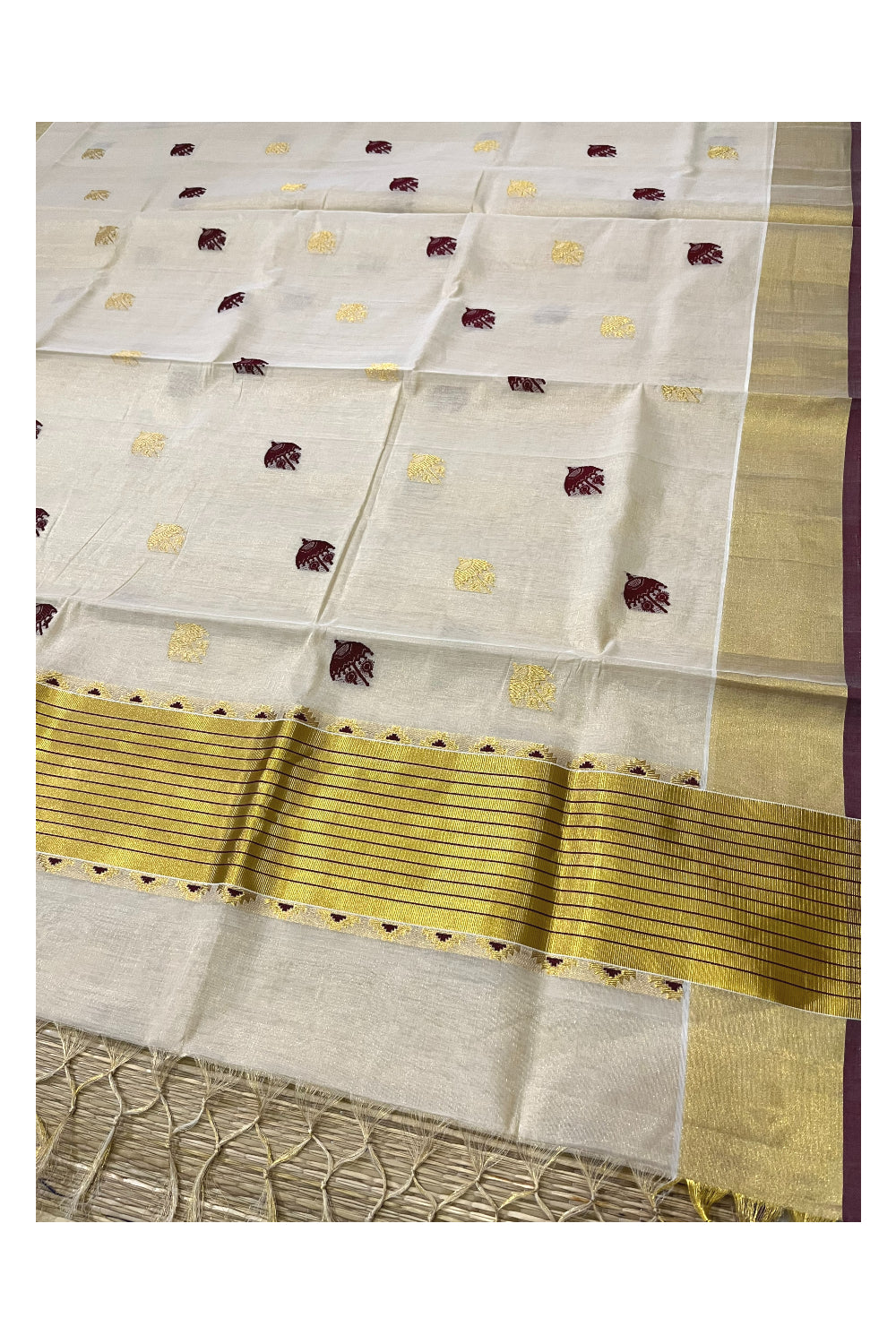 Southloom™ Premium Handloom Tissue Onam 2023 Kerala Saree with Golden and Maroon Woven works on Body