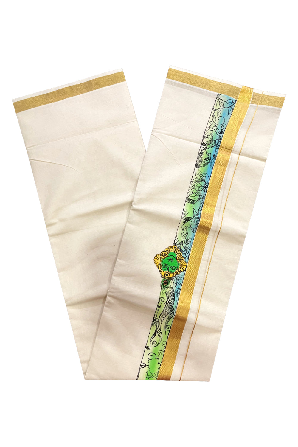 Pure Cotton Kerala Double Mundu with Krishna Hand Painted Designs on Kasavu Border (Vishu Collection 2024)