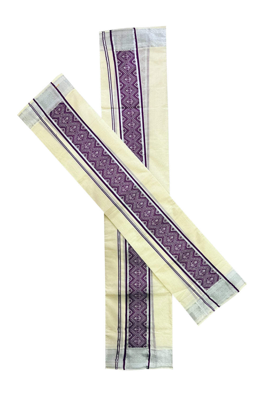 Kerala Cotton Mundum Neriyathum Single (Set Mundu) with Purple Woven Designs and Silver Kasavu Border 2.80 Mtrs