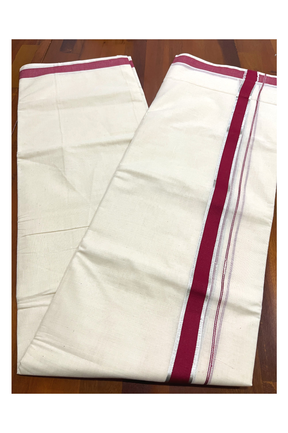 Pure Cotton Double Mundu with Silver Kasavu and Maroon Kara (South Indian Kerala Dhoti)