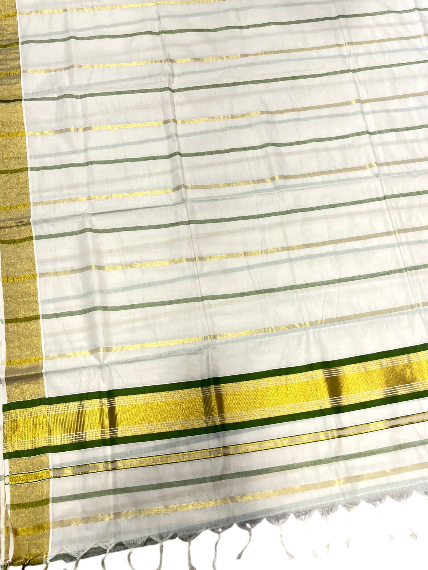 Southloom Kerala Cotton Kasavu Saree with Gold And Olive Green Lines on Body
