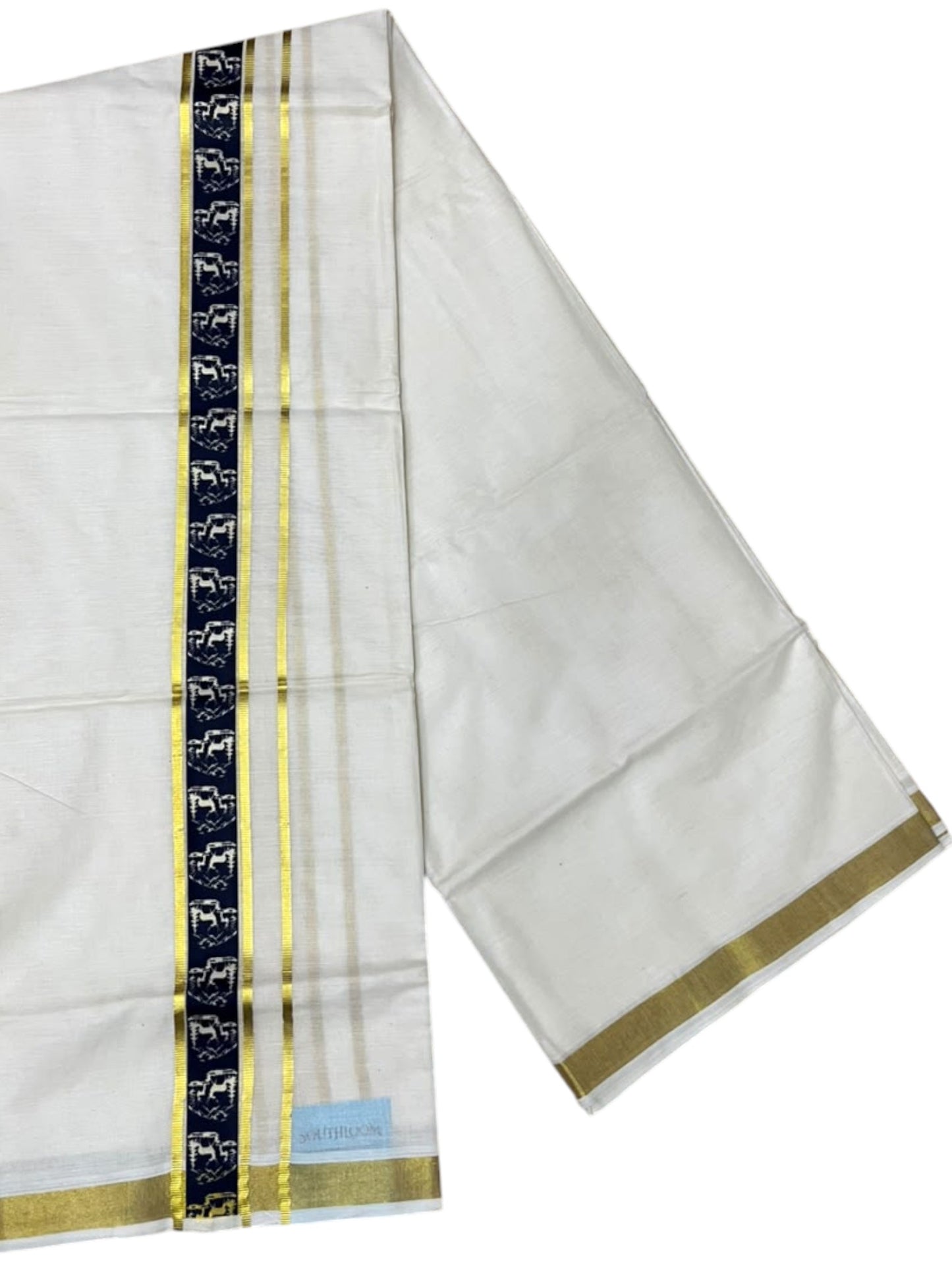 Southloom Pure Cotton Double Mundu with Blue Block Printed And Ksavu Border (South Indian Kerala Dhoti)