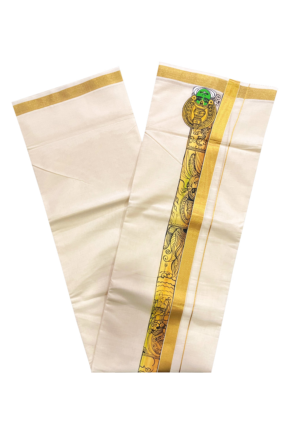 Pure Cotton Kerala Double Mundu with Kathakali Hand Painted Designs on Kasavu Border (Vishu Collection 2024)