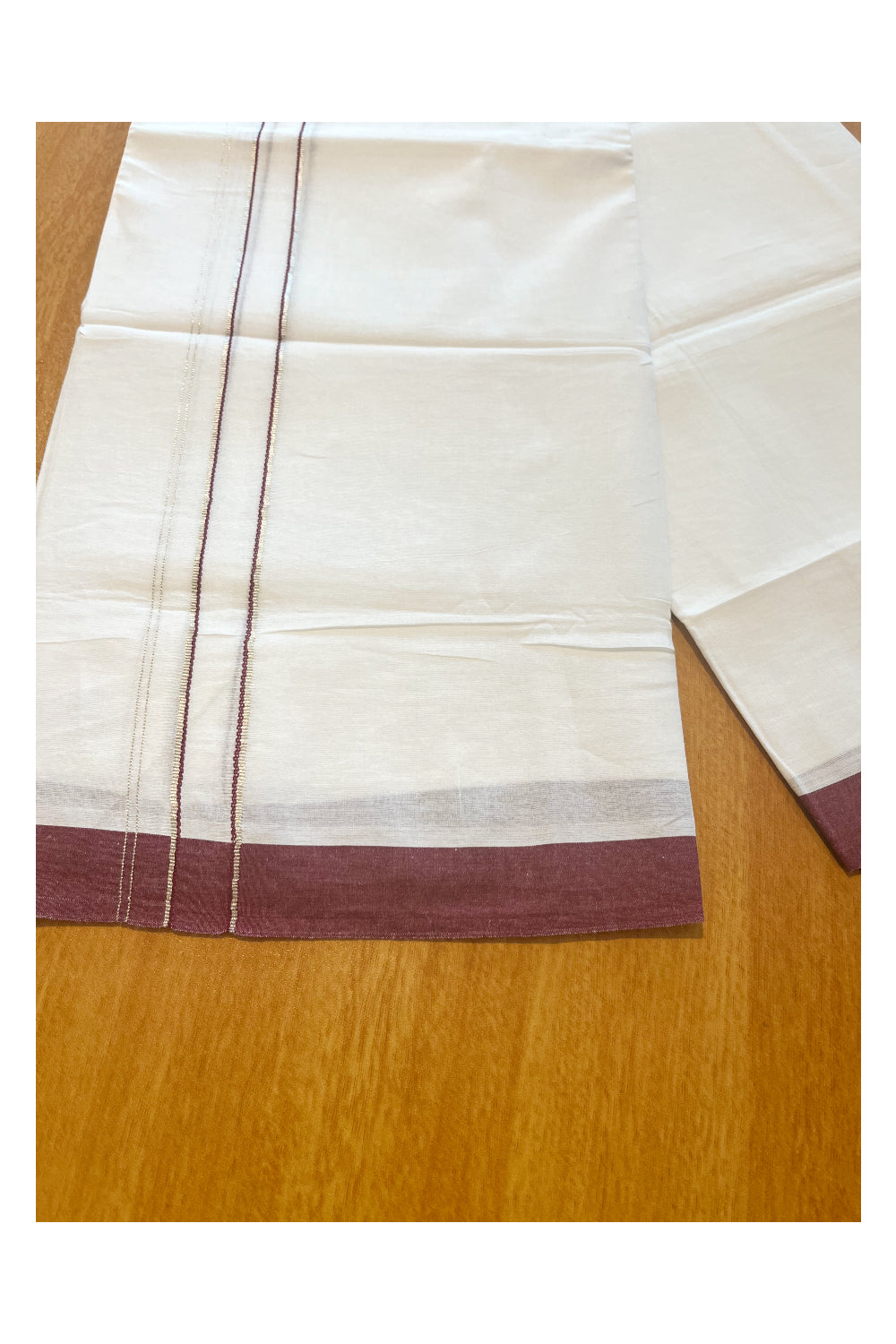 Pure White Cotton Double Mundu with Maroon Border (South Indian Dhoti)