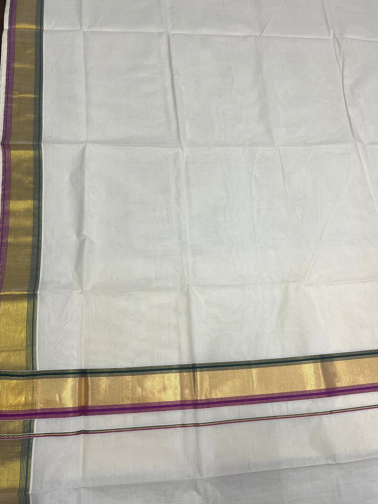 Southloom Kerala Cotton Kasavu Saree with Green And Magenta Border