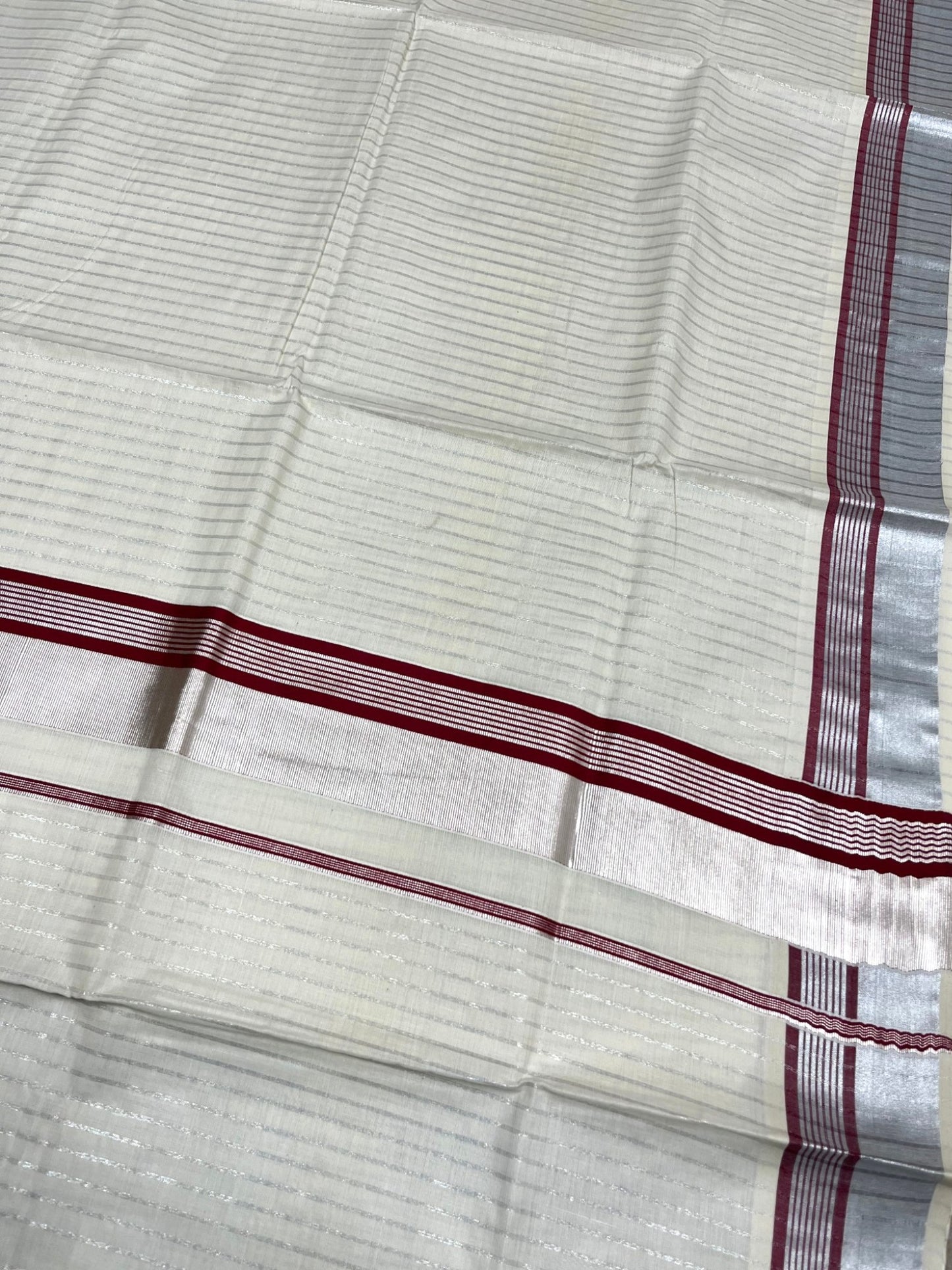 Southloom Pure Cotton Kerala Silver Kasavu Lines Saree with Maroon and Silver Border