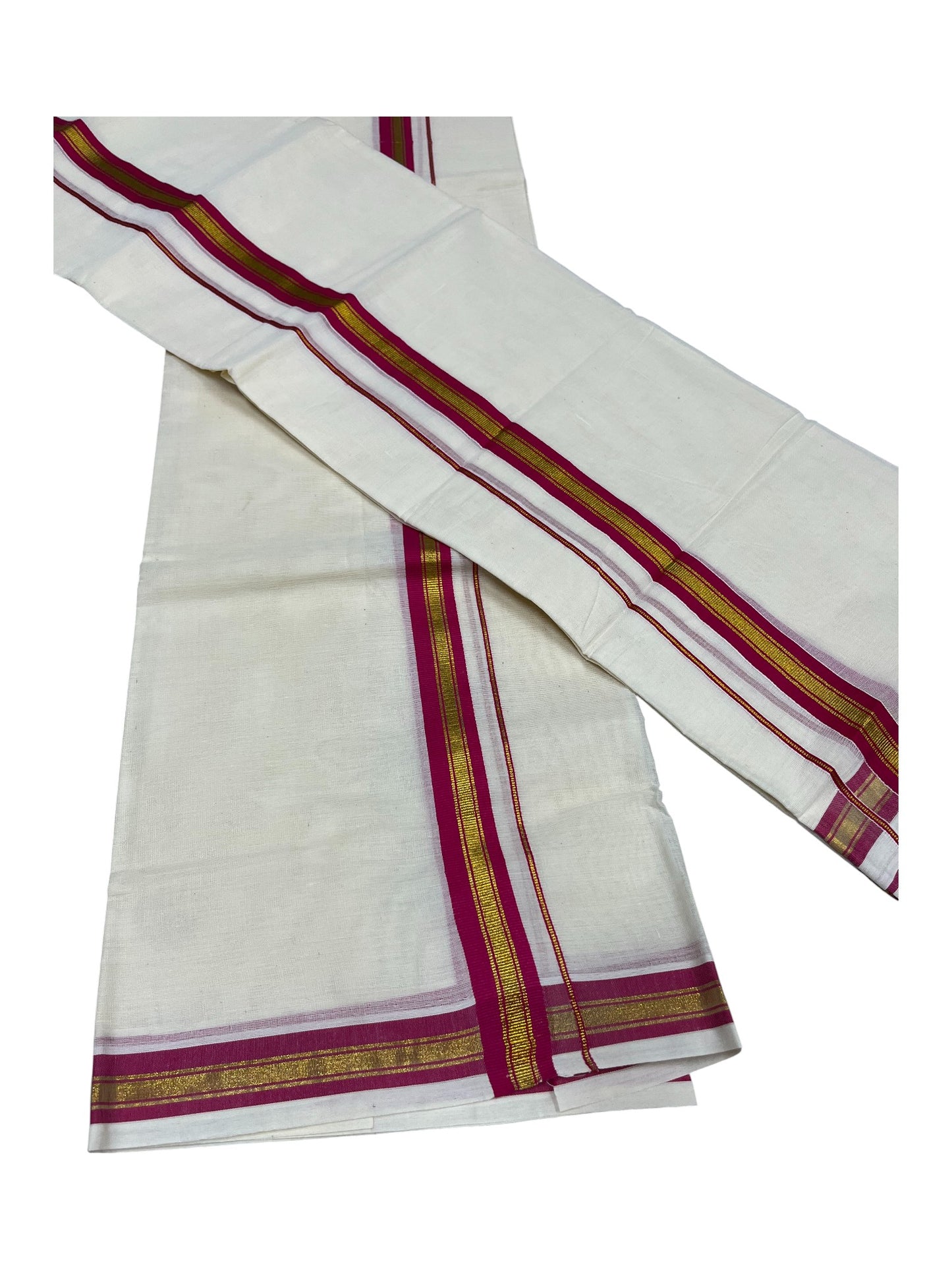 Pure Cotton Kerala Single Set Mundu (Mundum Neriyathum) with Magenta Kasavu Border in 2.80 Mtrs