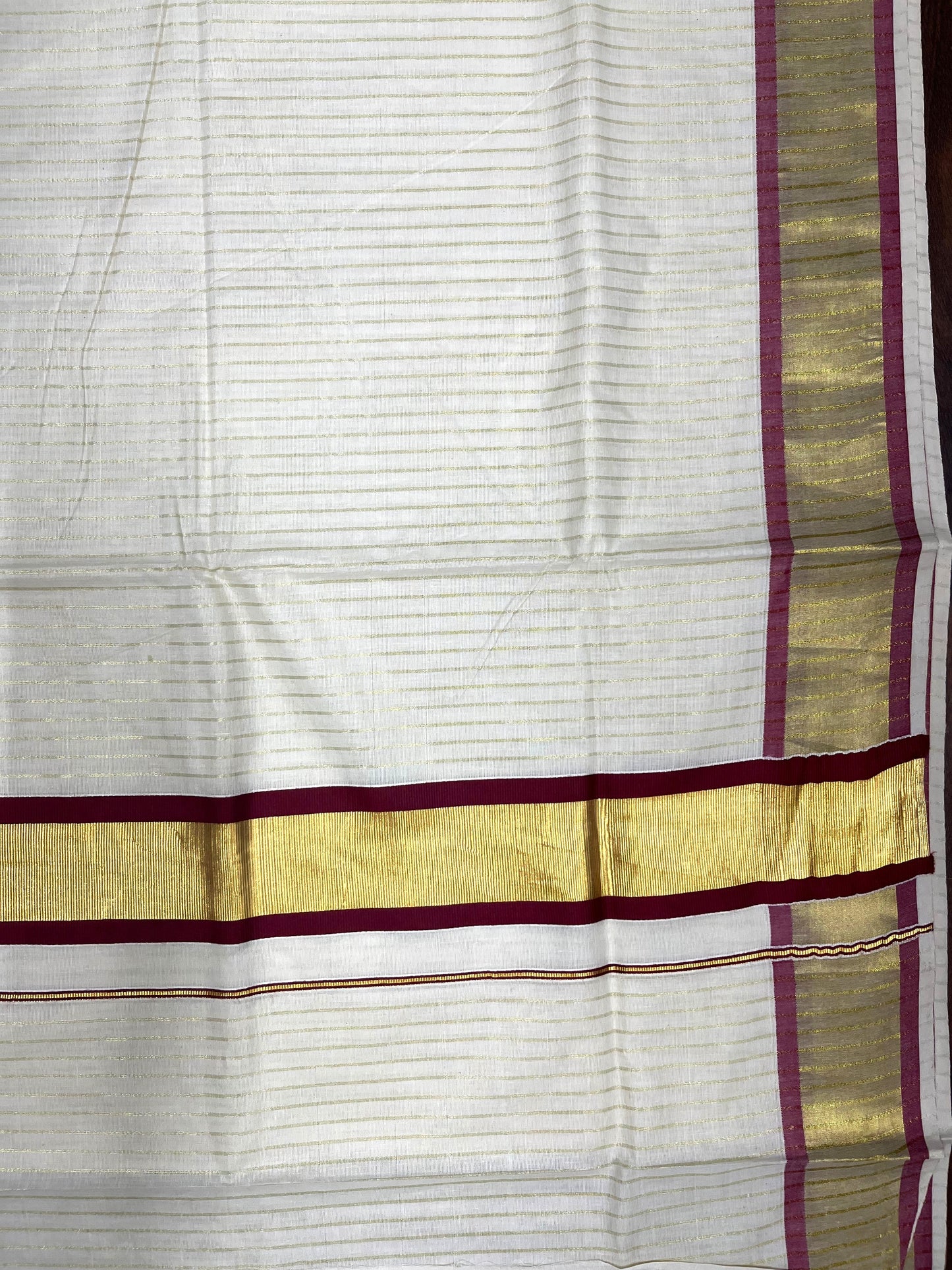 Southloom Pure Cotton Kerala Saree with Gold Kasavu Lines Across Body and Maroon Border