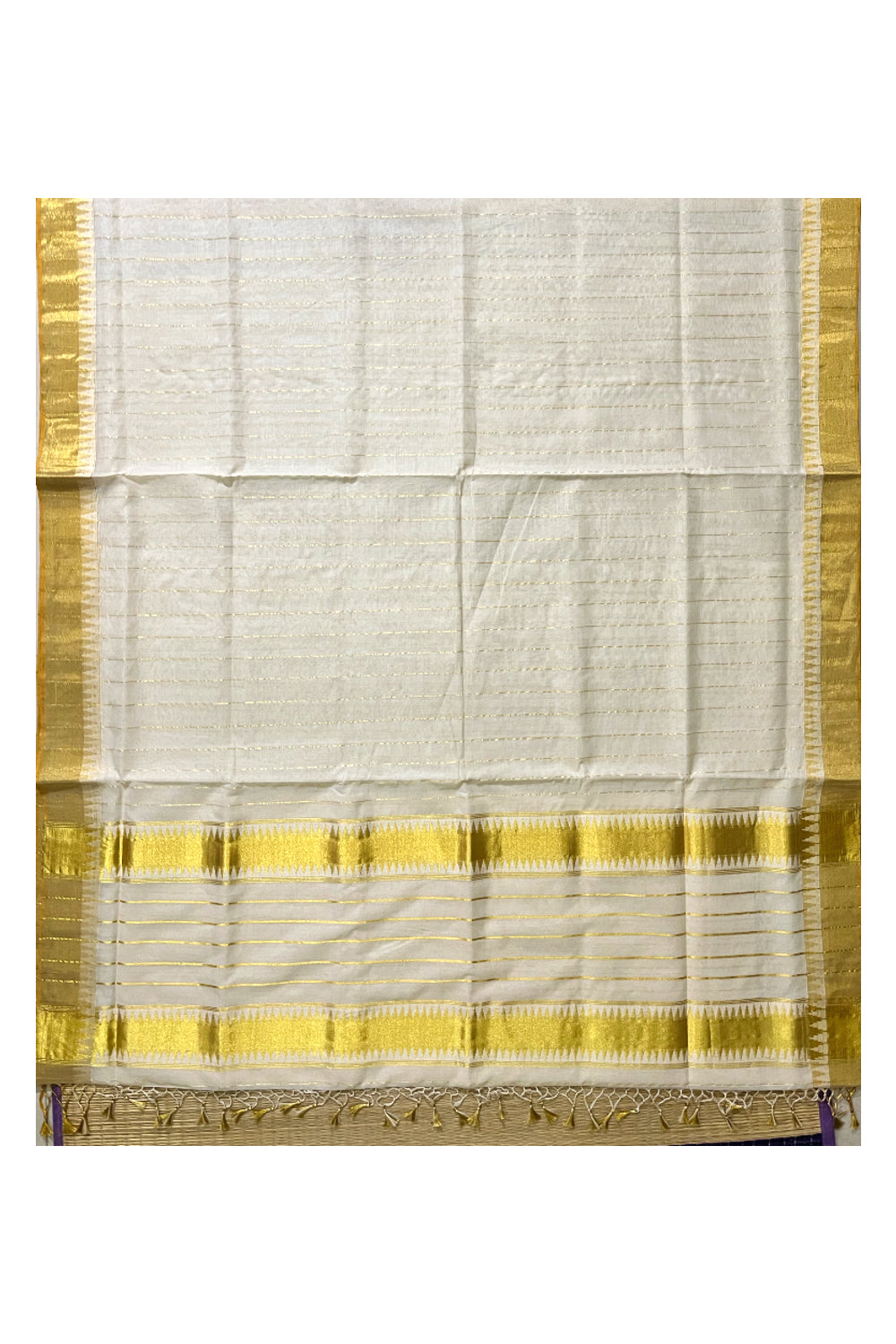 Southloom Super Premium Balaramapuram Unakkupaavu Handloom Saree with Kasavu Lines Across Body and Temple Border