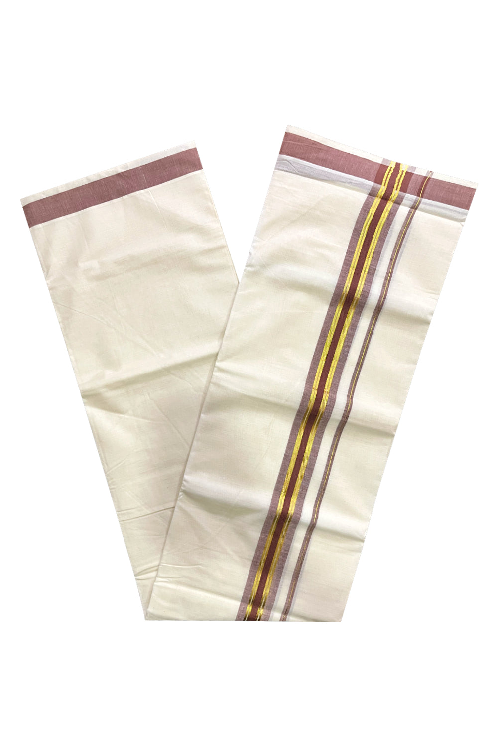 Pure Cotton Off White Kerala Double Mundu with Brown and Kasavu Border (South Indian Dhoti)