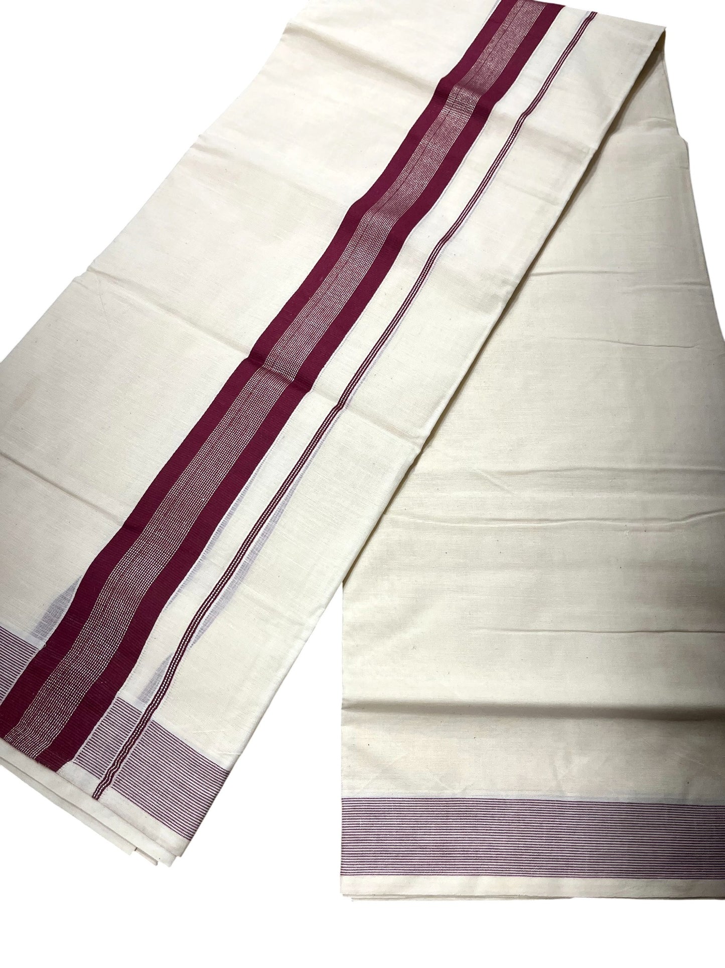 Southloom Kerala Pure Cotton Double Mundu with Silver Lines & Purple Border (South Indian Dhoti)