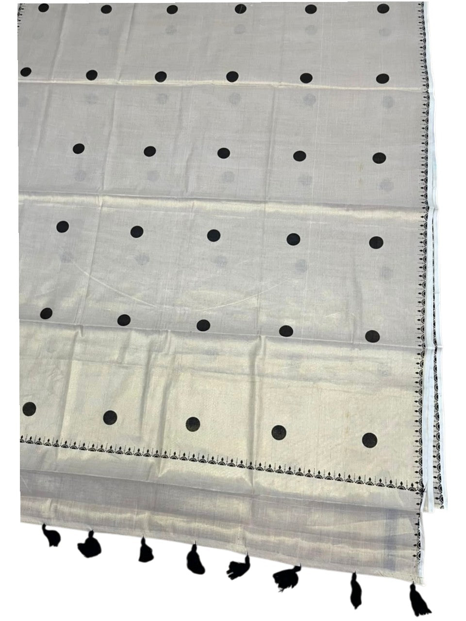 Southloom Kerala Tissue Kasavu Plain Saree with Black Polka Dots On Body SL537