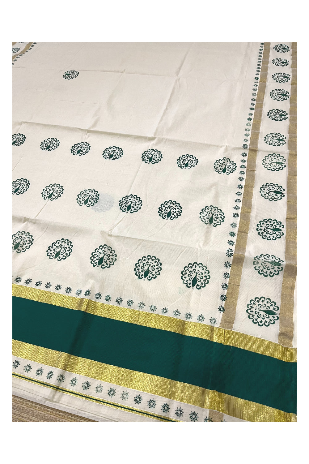 Pure Cotton Kerala Saree with Green Peacock Block Printed Kasavu Border