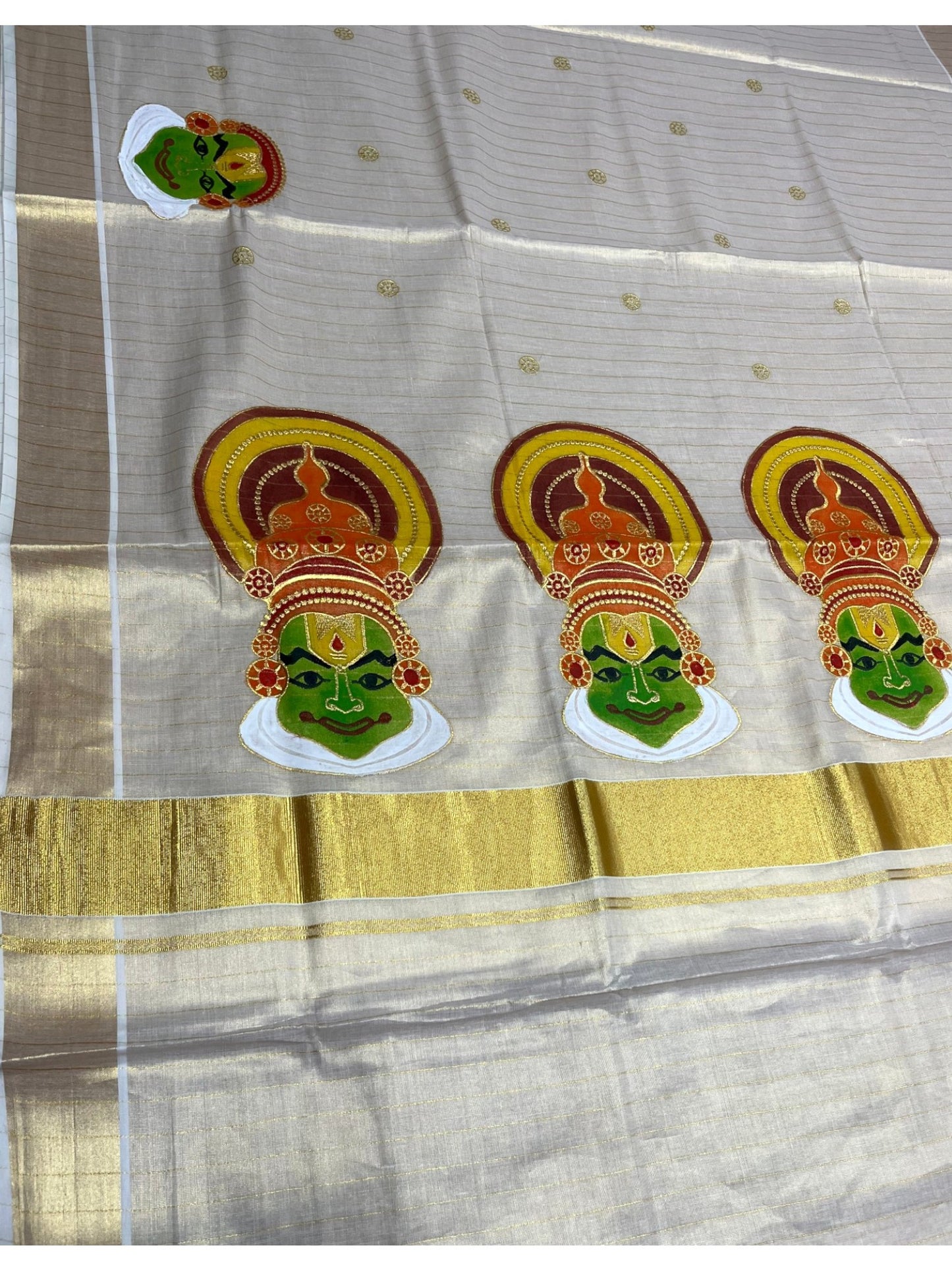 Southloom Tissue Kerala Kasavu Lines Saree with Kathakali Embroidery Design SL339