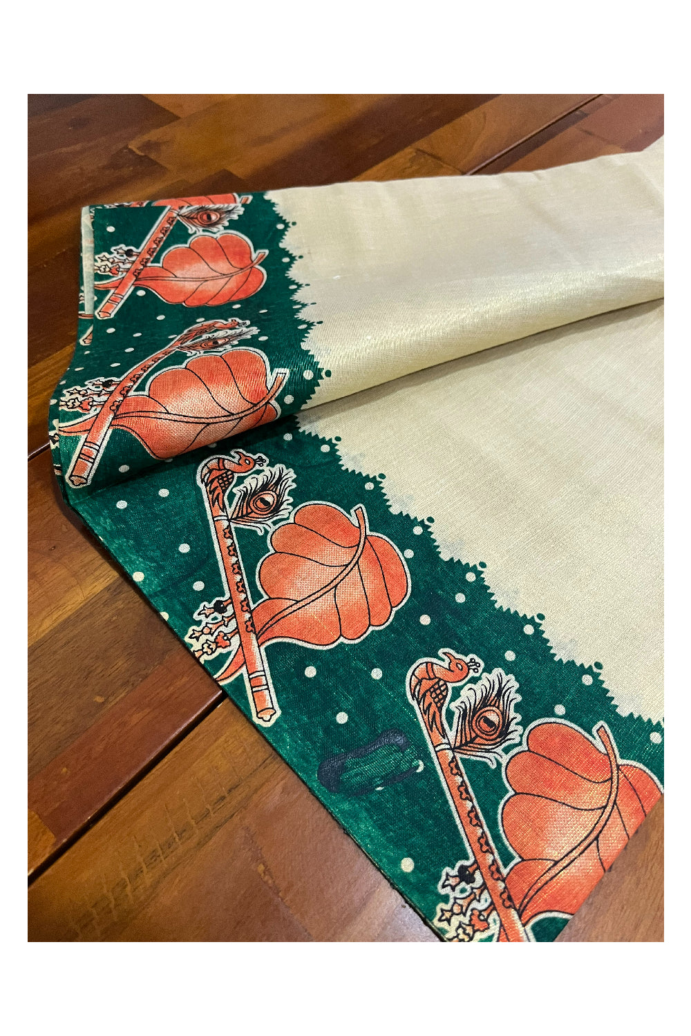 Kerala Tissue Kasavu Set Mundu (Mundum Neriyathum) with Flute and Leaf Mural Prints on Green Border (Onam Set Mundu 2023)