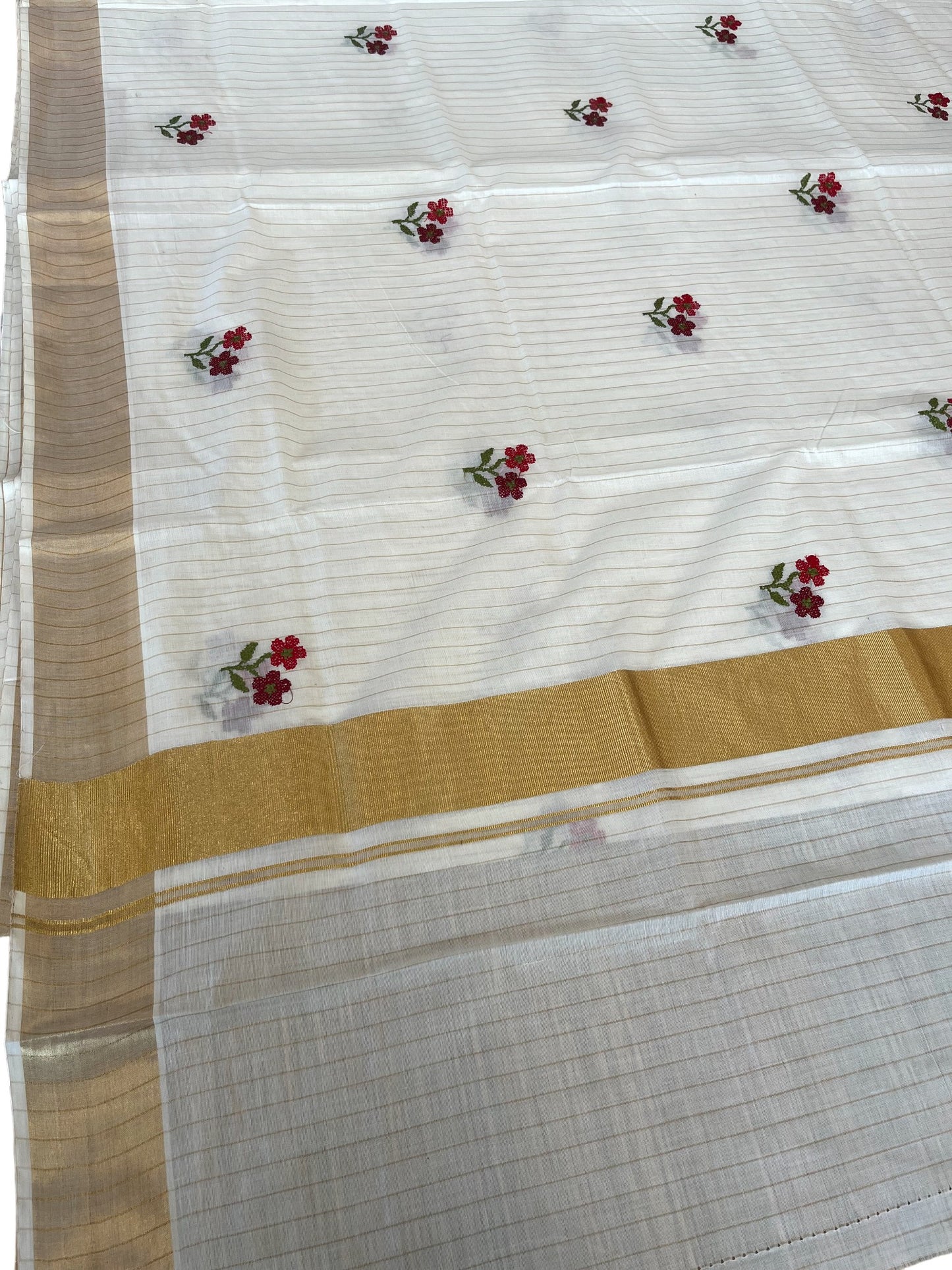 Southloom Kerala Cotton Kasavu Stripes Saree with Red and Maroon Floral Embroidery Work