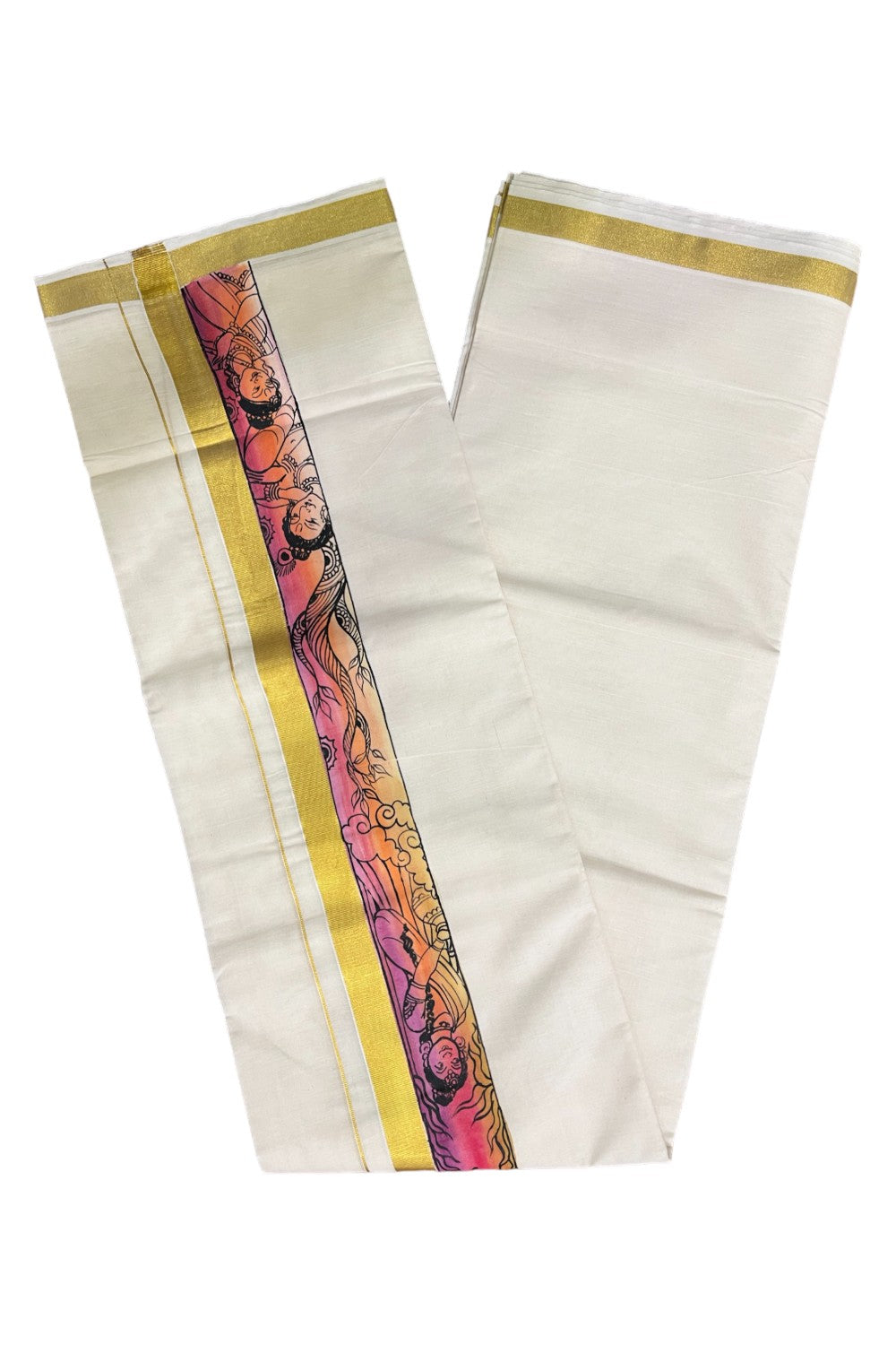 Kerala Pure Cotton Double Mundu with Mural Hand Painted Design on Kasavu Border (South Indian Kerala Dhoti)