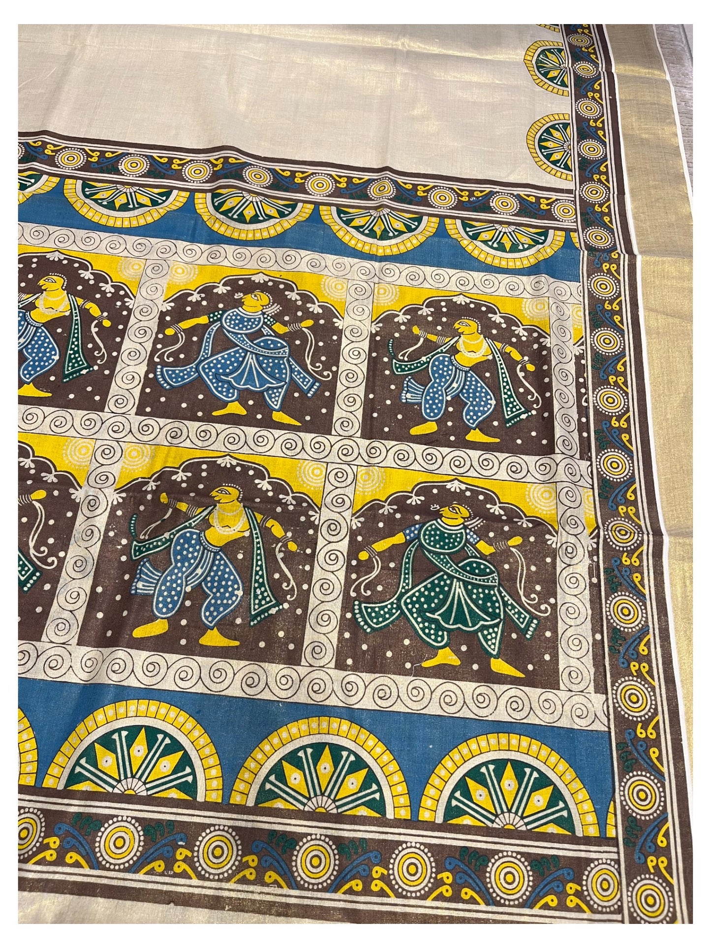 Southloom Kerala Tissue Kasavu Saree with Brown and Blue Hand Printed