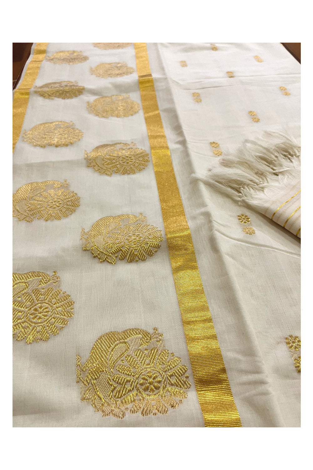 Southloom Premium Handloom Kasavu Churidar Salwar Material with Peacock Woven Designs (include Plain Shawl / Dupatta)