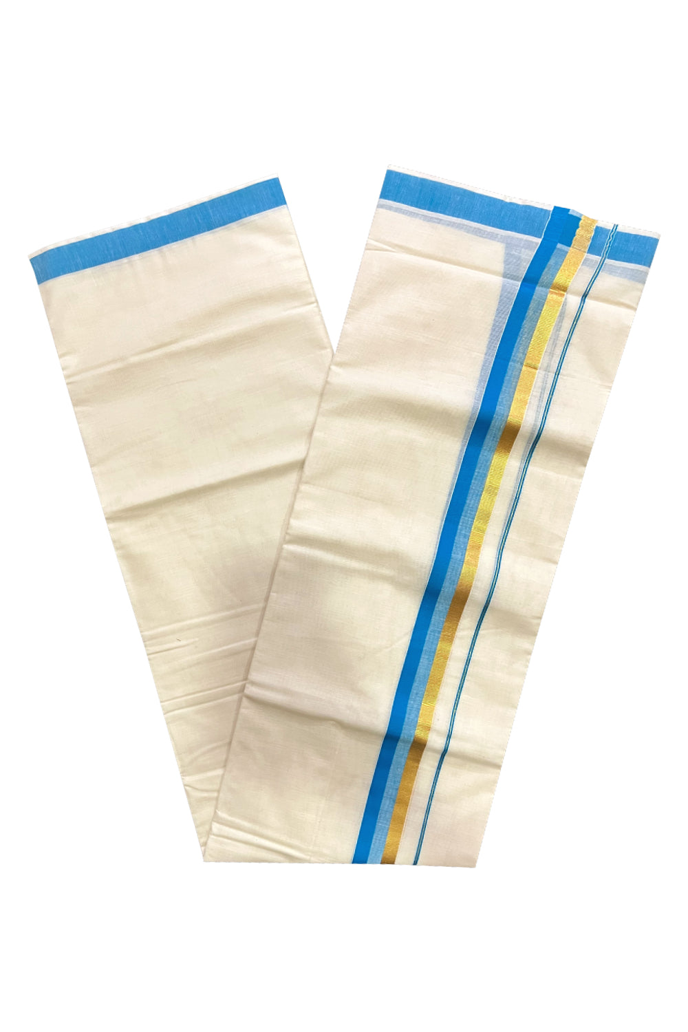 Off White Kerala Cotton Double Mundu with Kasavu and Light Blue Border (South Indian Kerala Dhoti)