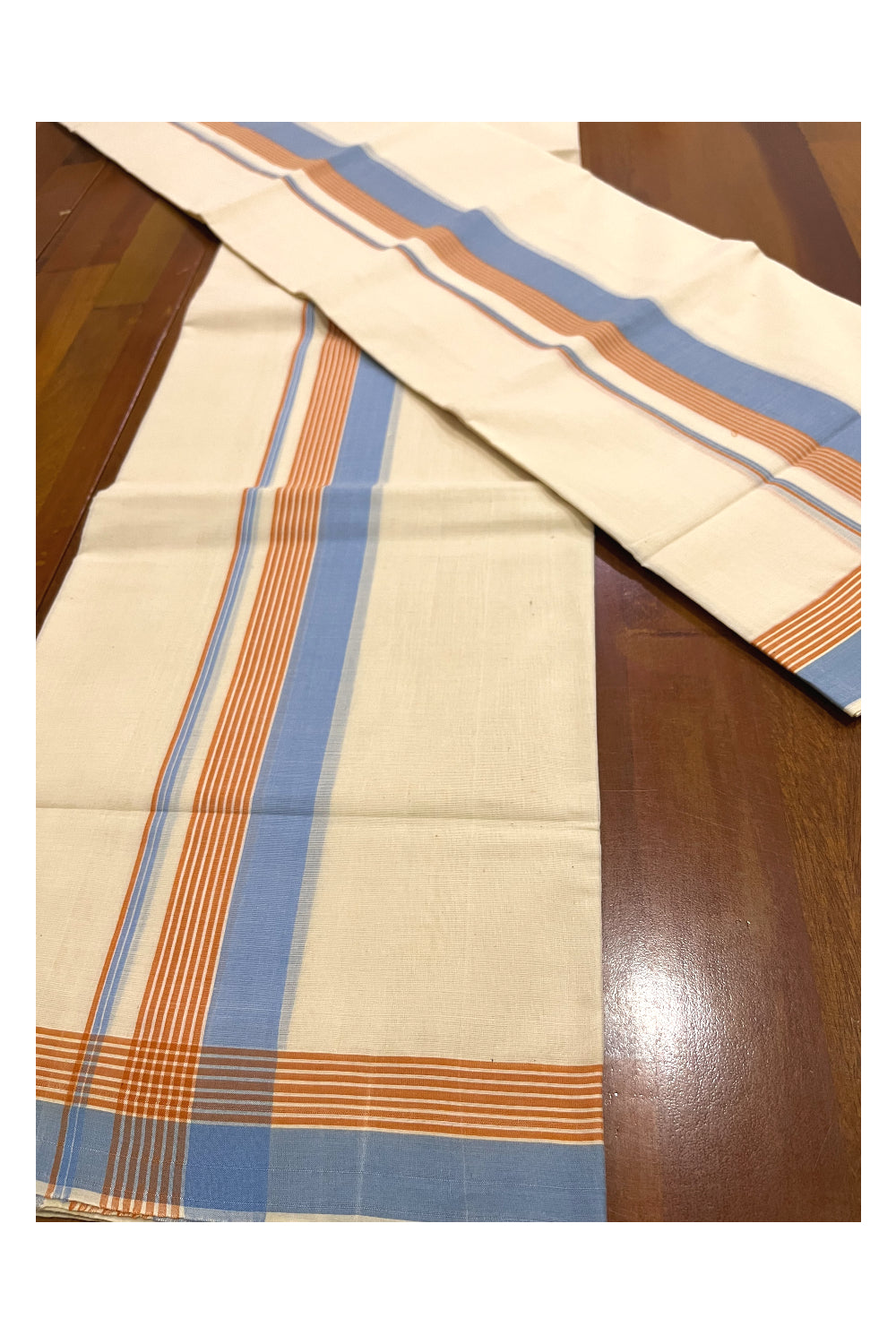 Southloom Premium Handloom Single Set Mundu (Mundum Neriyathum) with Blue and Orange Border 2.80 Mtrs