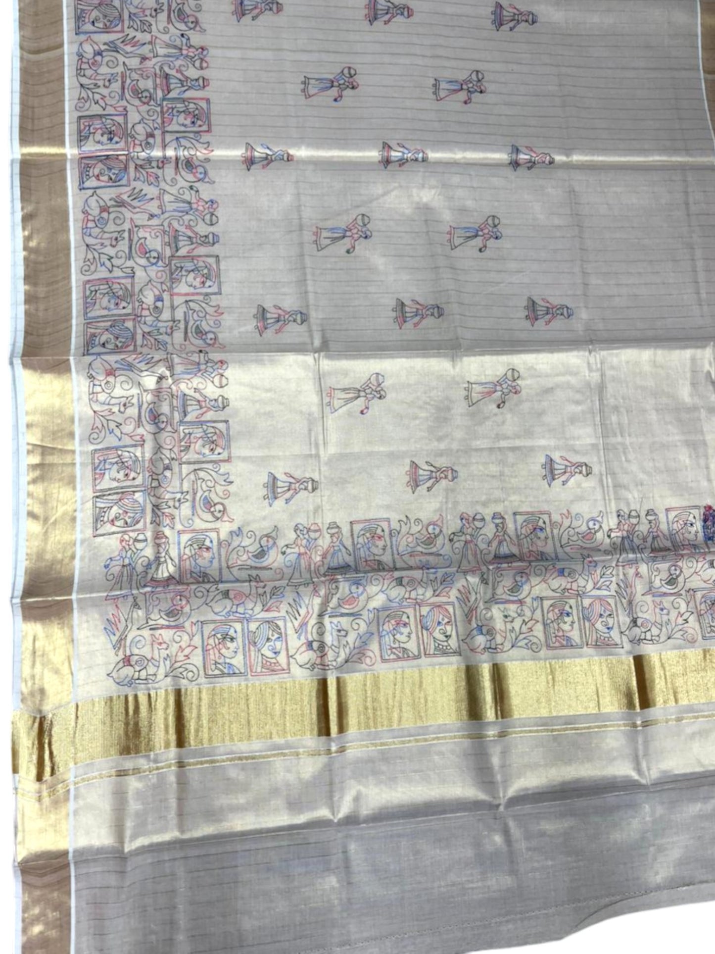Southloom Tissue Kerala Kasavu Lines Saree with Kantha Embroidery Work on Body SL322