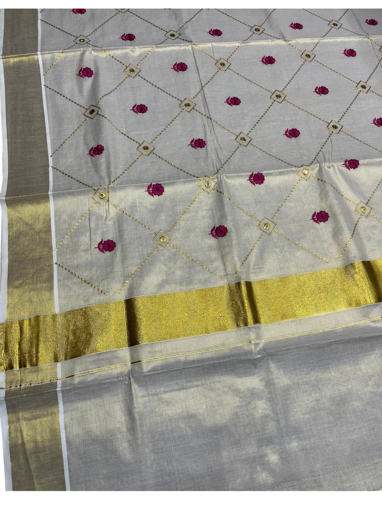 Southloom Tissue Kerala Kasavu Plain Saree with  Embroidery Designs on Body