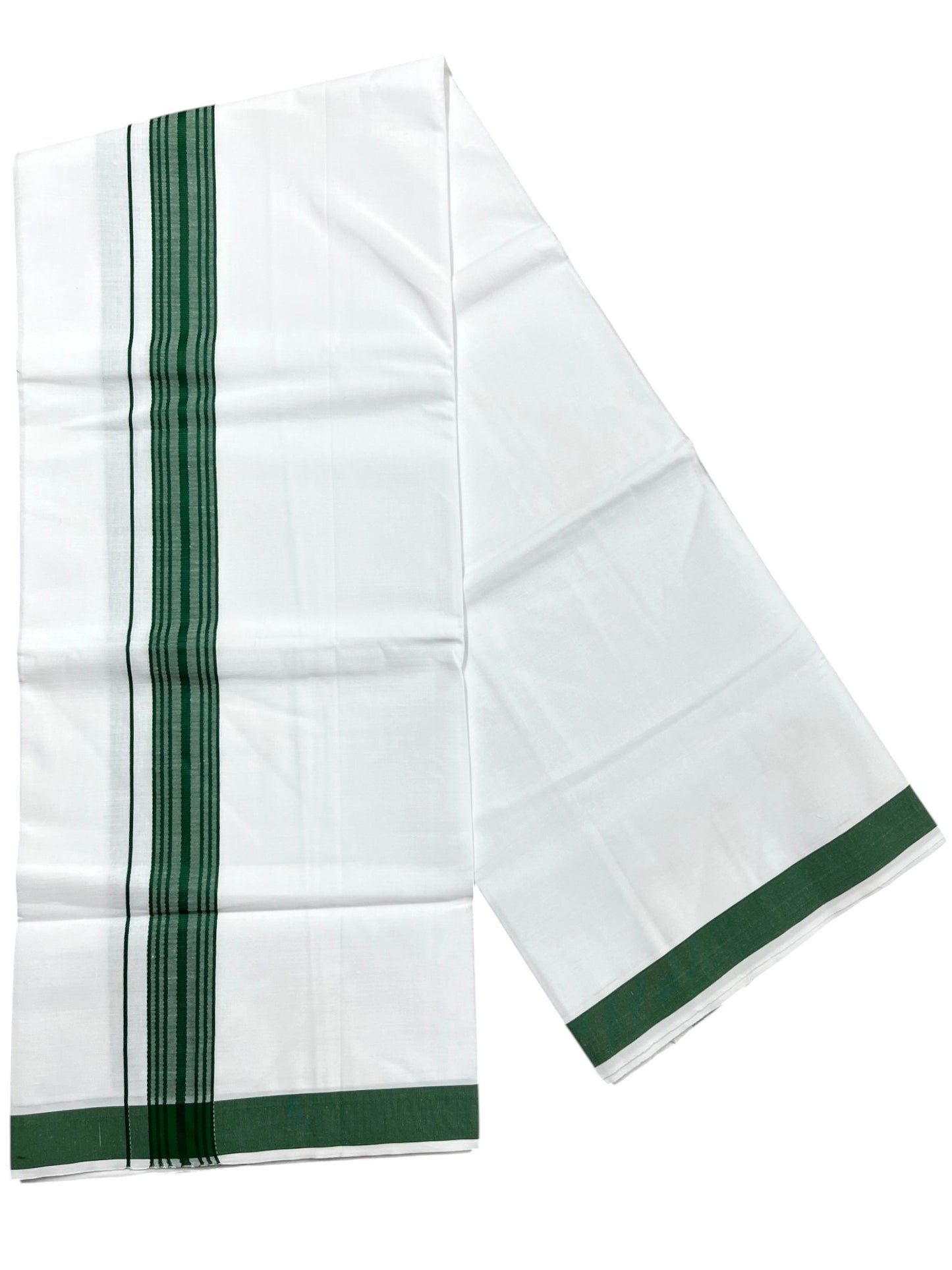 Southloom Pure White Single Cotton Mundu with Green Border (South Indian Kerala Dhoti)