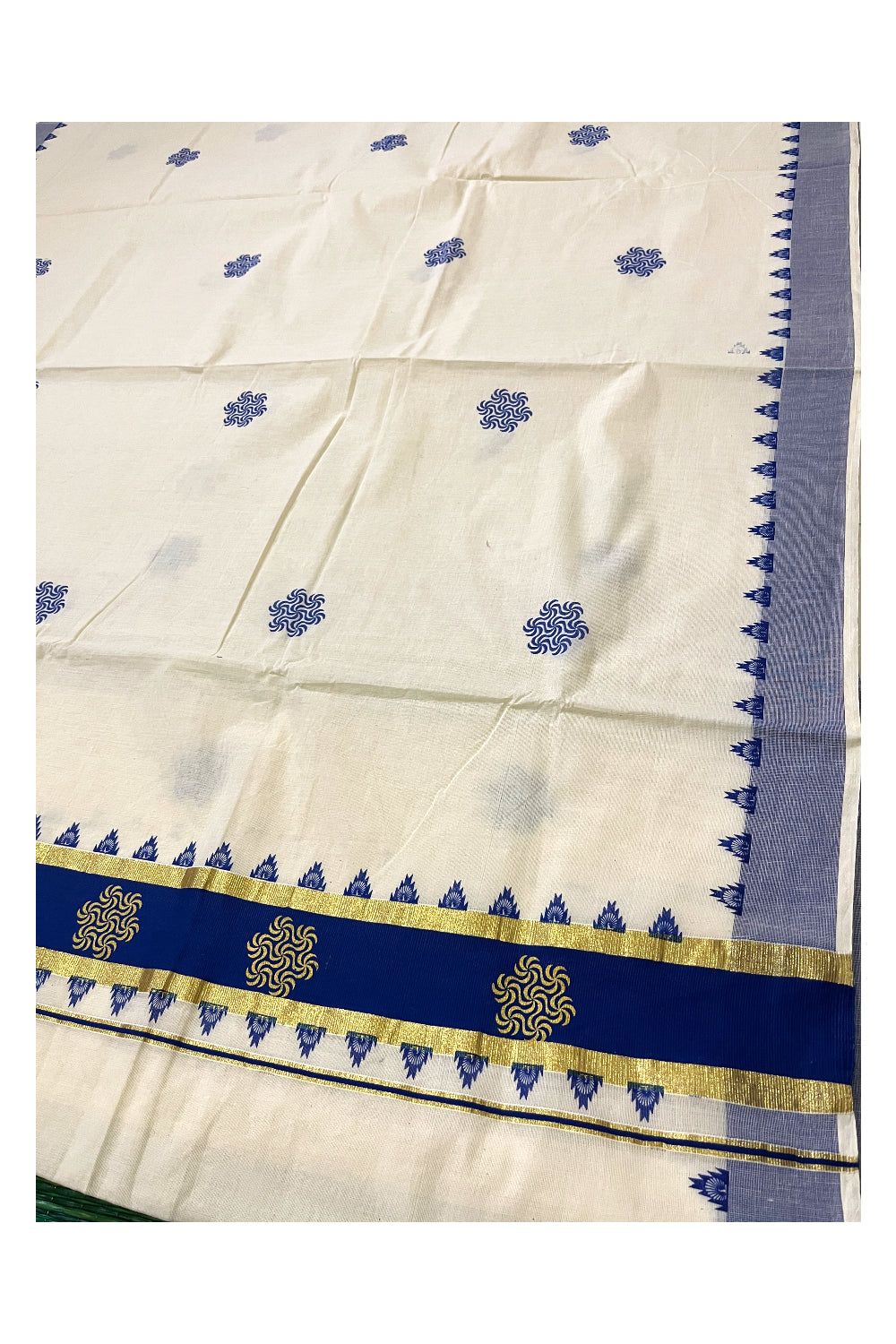 Pure Cotton Kerala Kasavu Saree with Blue Floral Block Printed Design