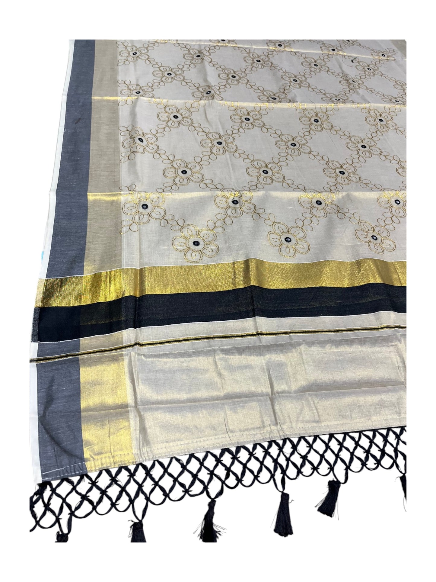 Kerala Tissue Kasavu Stripes Saree with Gold and Black Floral Embroidery Design on Body SL269