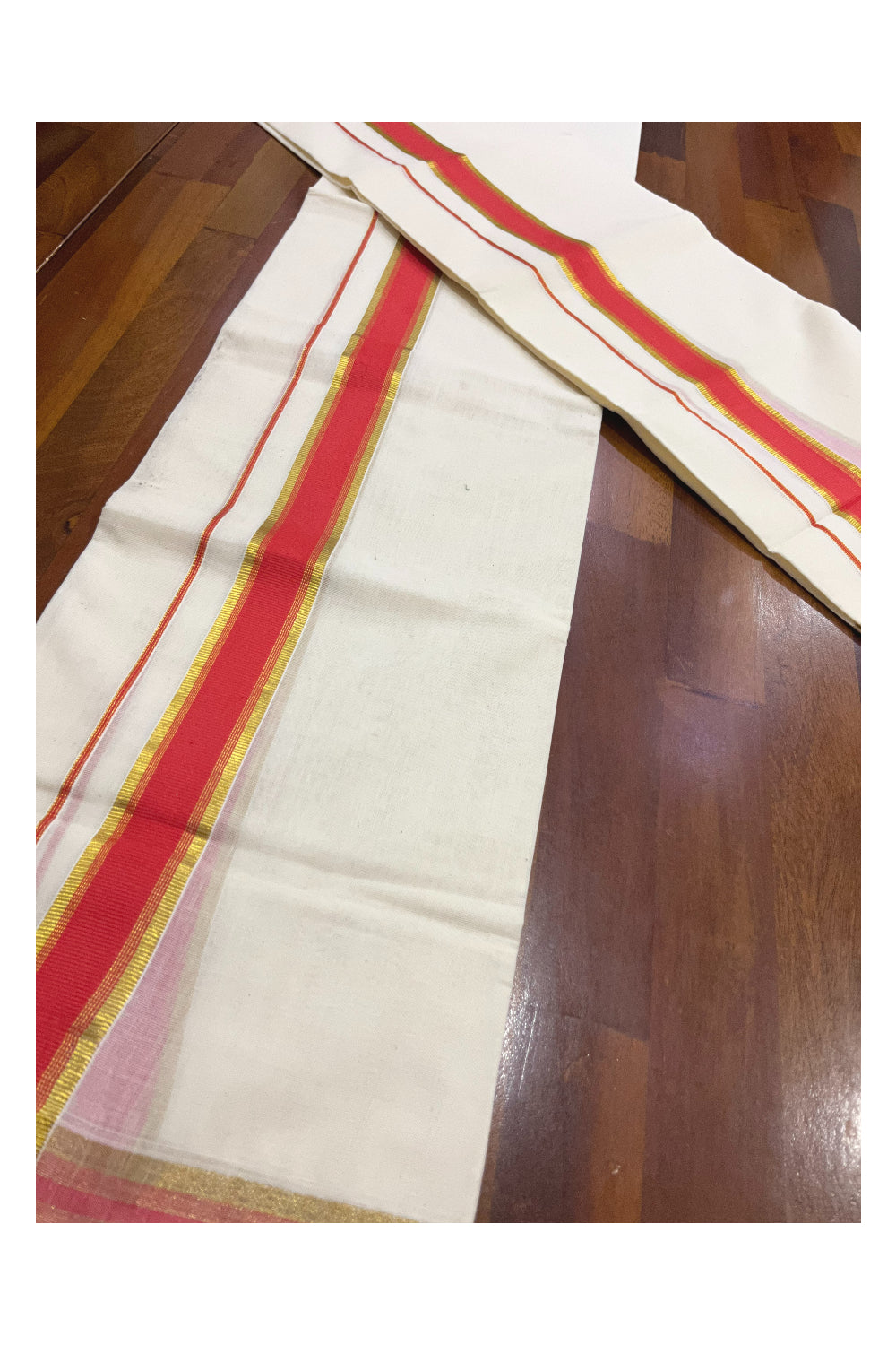 Pure Cotton Kerala Single Set Mundu (Mundum Neriyathum) with Orange and Kasavu Border 2.80 Mtrs (Onam Set Mundu 2023)