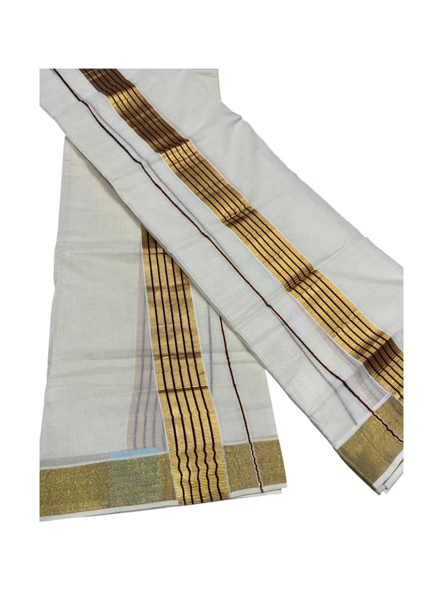 Southloom Pure Cotton Kerala Kasavu Set Mundu (Mundum Neriyathum) Kasavu & Purple Border in 2.80 Mtrs