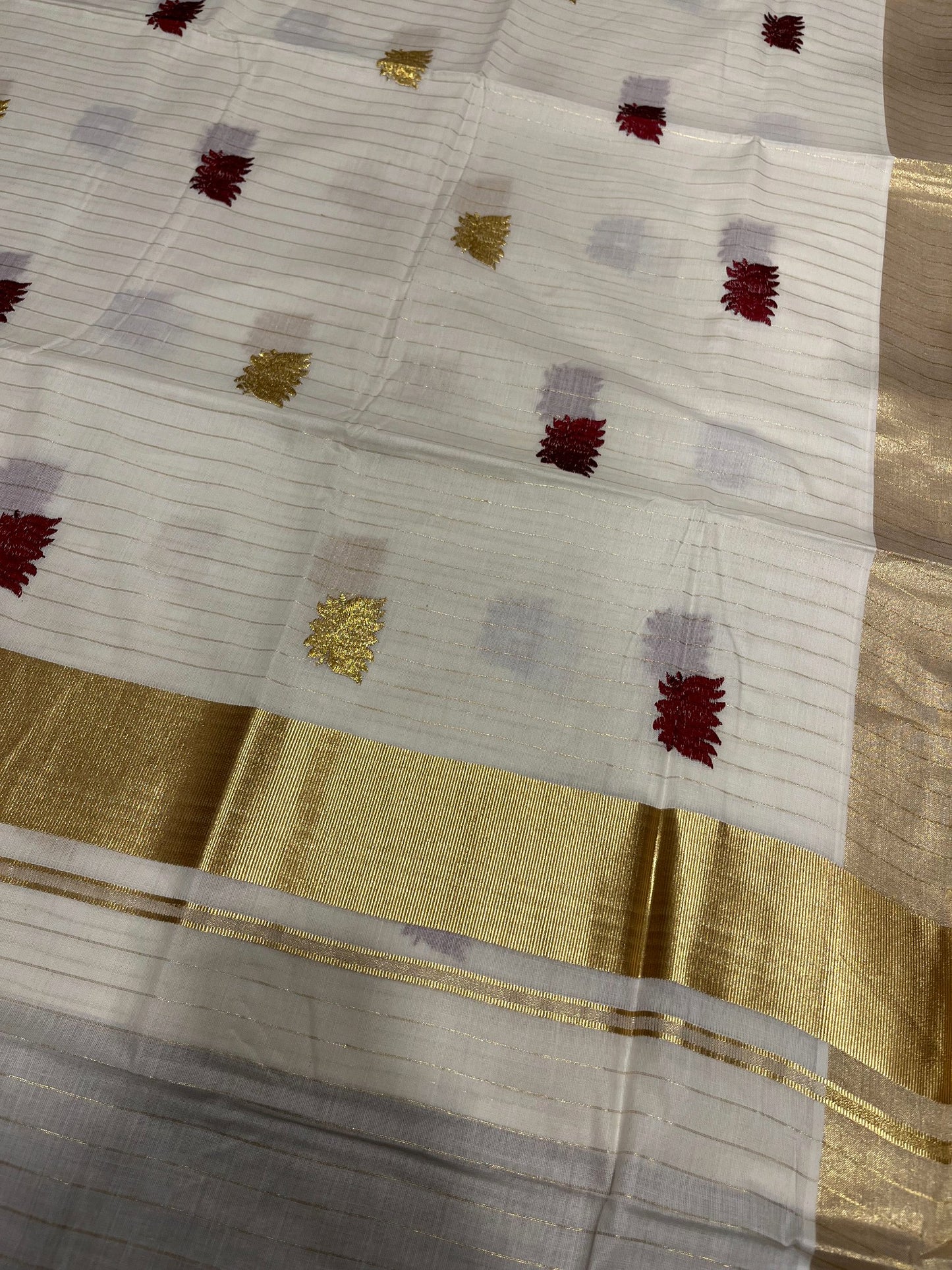 Southloom Kerala Cotton Kasavu Line Saree with Maroon Lotus Embroidery Works