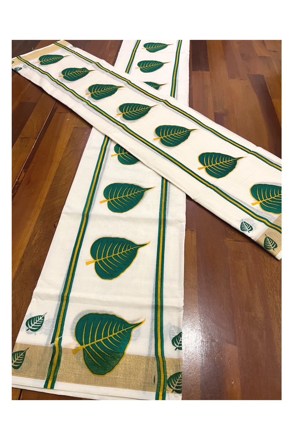 Cotton Kerala Single Set Mundu with Green Leaf Block Prints 2.80 Mtrs