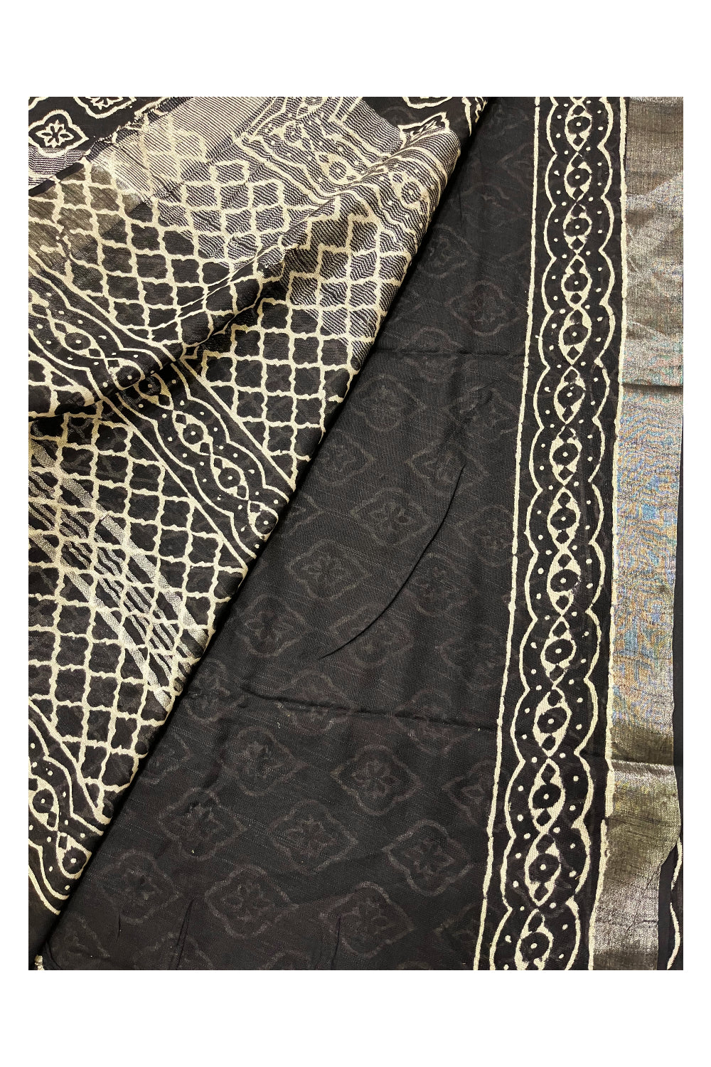 Southloom Linen Black Designer Saree with White Prints