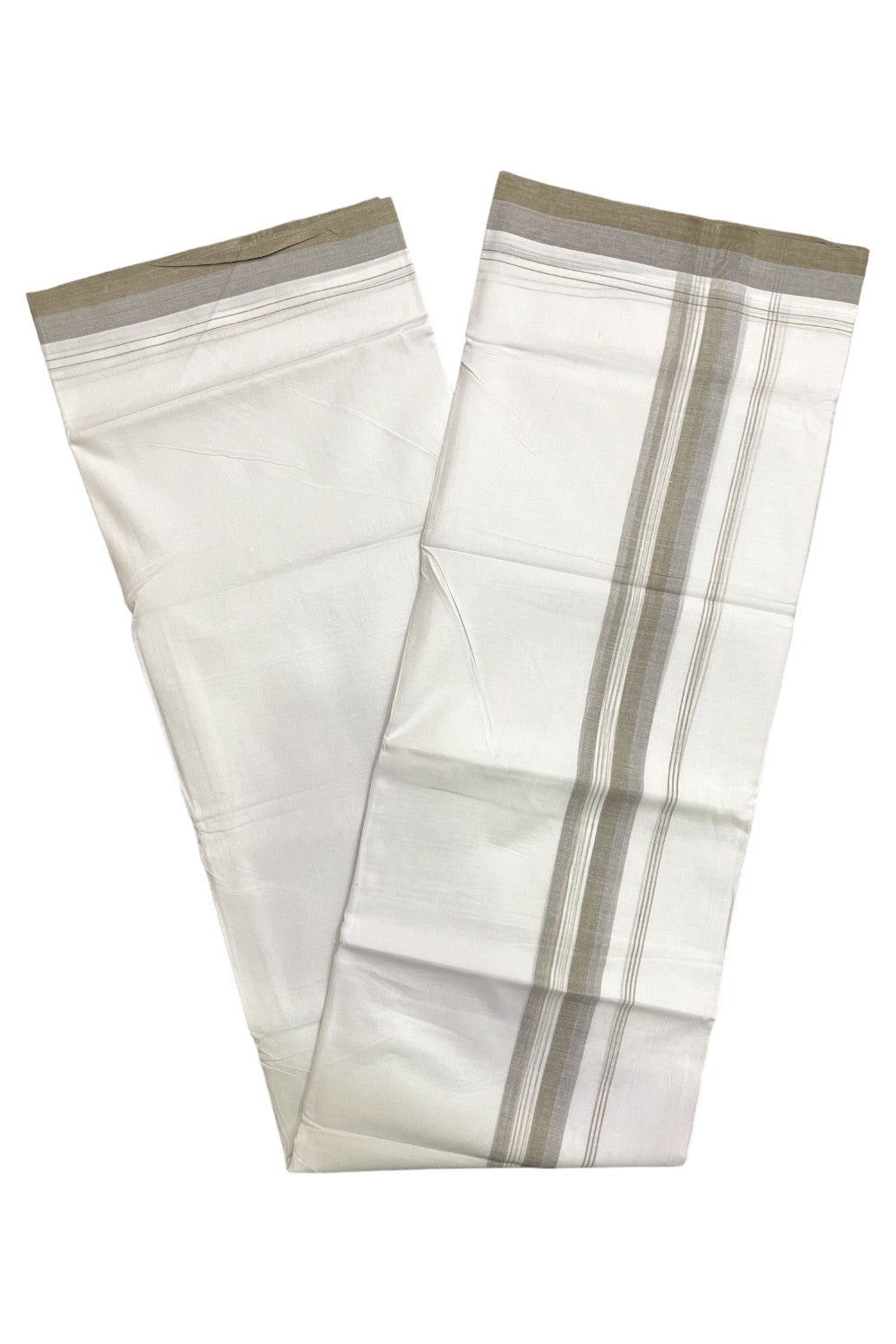 Pure White Cotton Kerala Double Mundu with Greenish Grey Border (South Indian Kerala Dhoti)