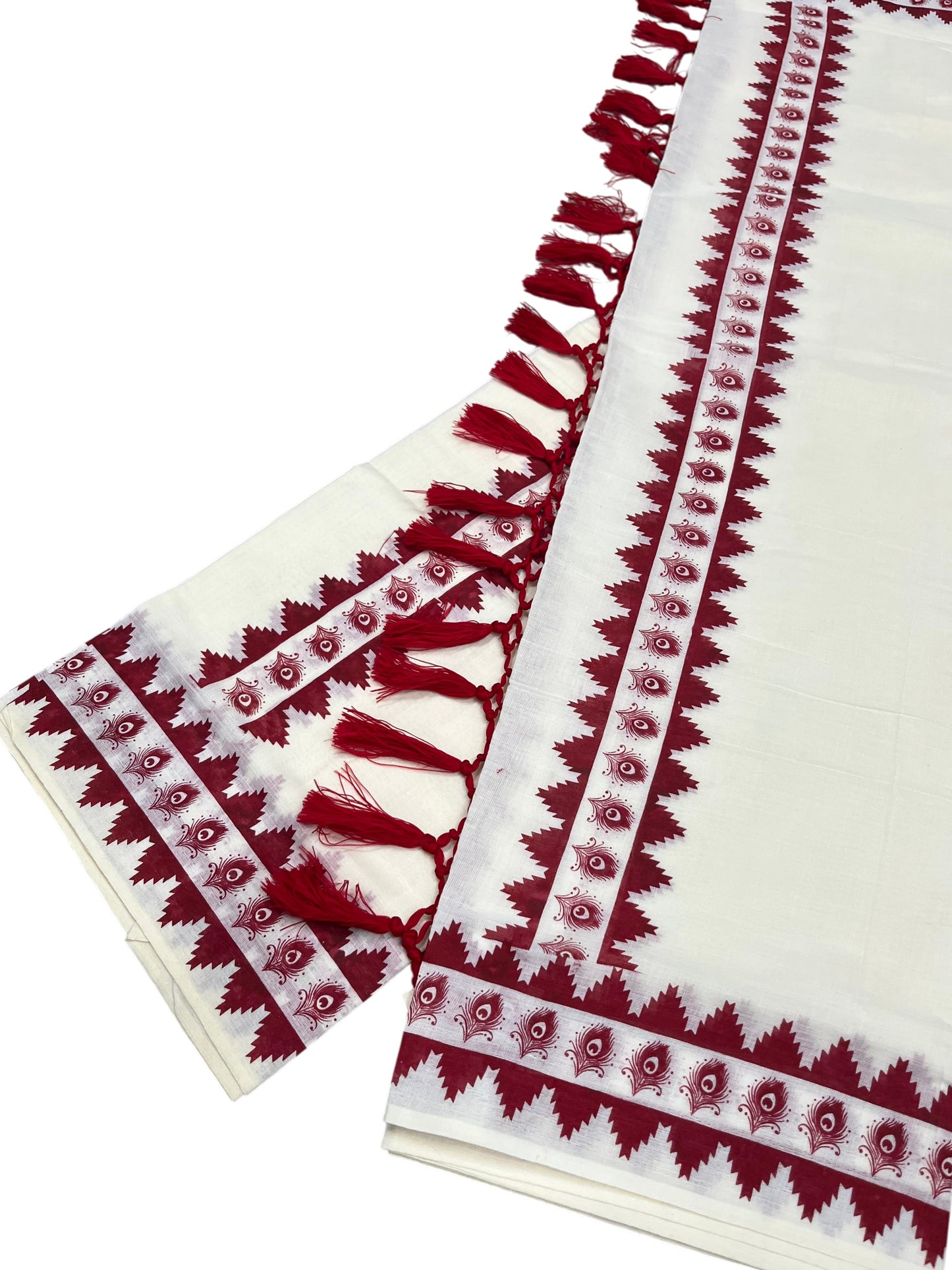 Southloom Cotton Single Set Mundu (Mundu Neriyathum) Red Printed Border With Tussles in 2.80 Mtrs