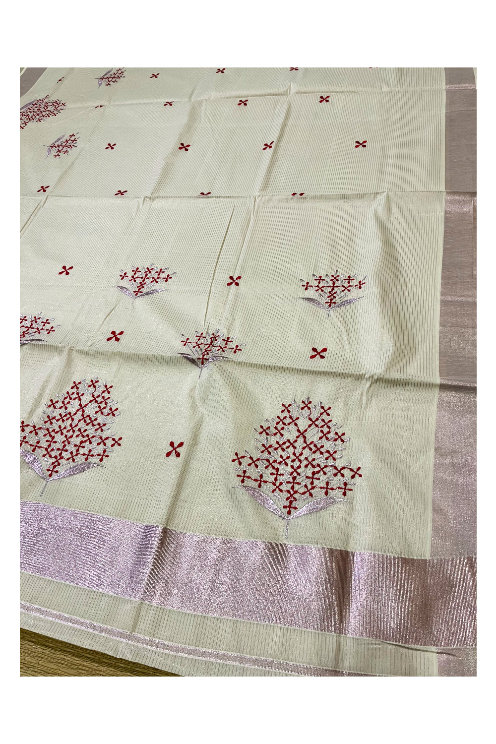 Kerala Cotton Rose Copper Kasavu Micro Lines Saree with Red Floral Embroidered Designs