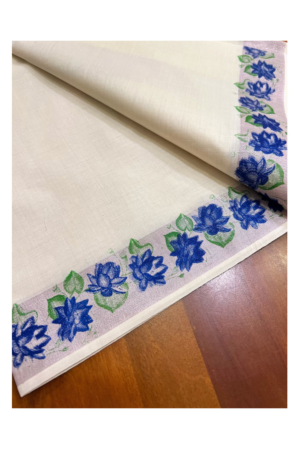 Kerala Pure Cotton Single Set Mundu (Mundum Neriyathum) with Blue Green Block Prints on Rose Copper Kasavu Border