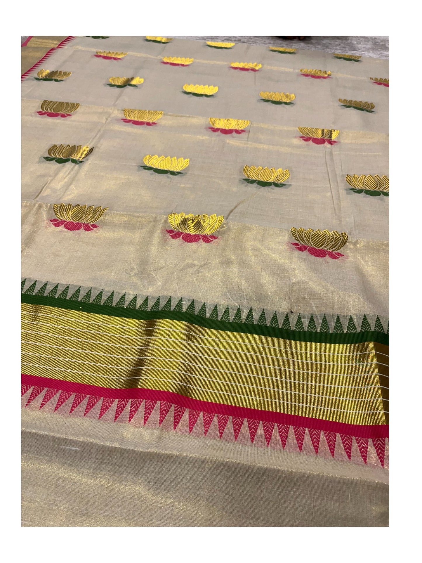 Southloom Kerala Tissue Kasavu Saree with Lotus Woven Work in Green And pink