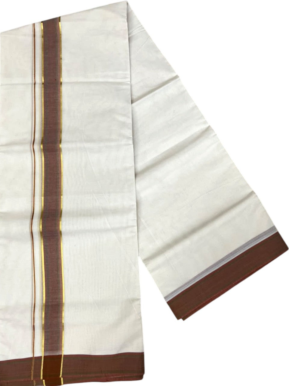 Southloom Pure Cotton Mundu with Siver Lines and Brown Border (South Indian Kerala Dhoti)