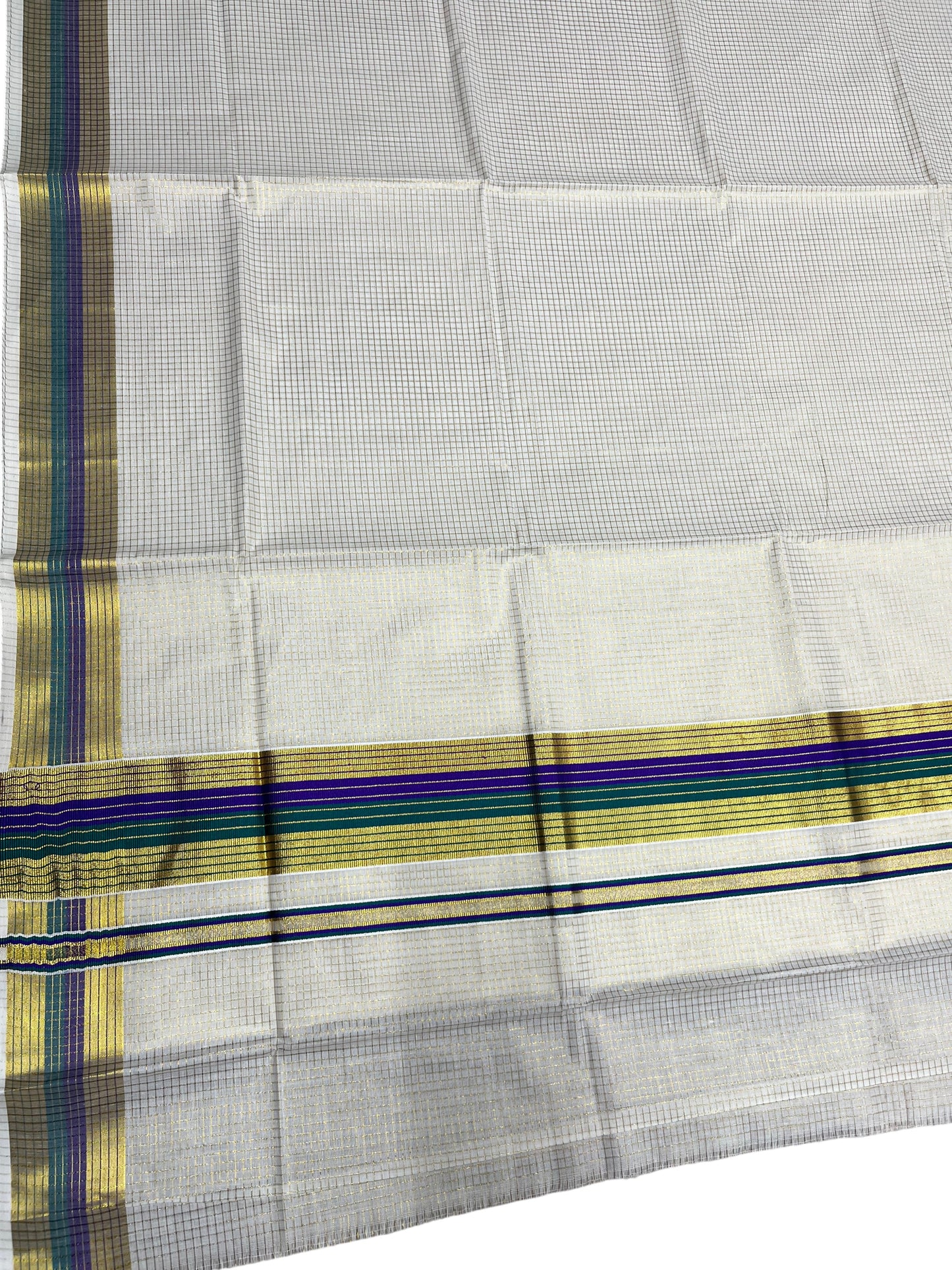 Southloom Kerala Cotton Kasavu Saree with Micro Check Design on Body in Violet & Green Border