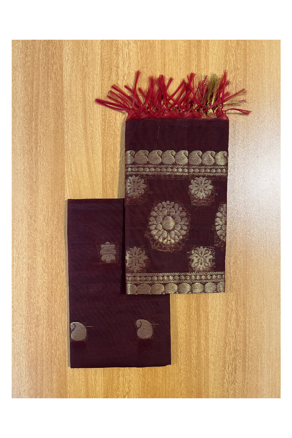 Southloom™ Cotton Semi Silk 3 Piece Maroon and Green Salwar Material with Woven Zari Butta Work