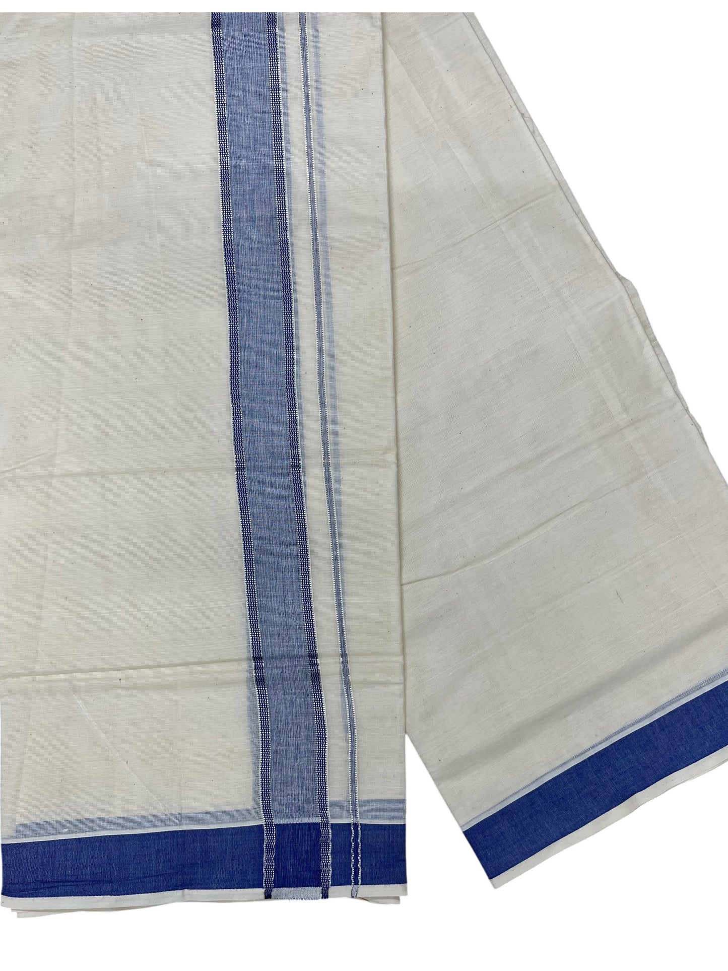 Southloom Kerala Pure Cotton Double Mundu with Silver Lines and Blue Border with (South Indian Dhoti)