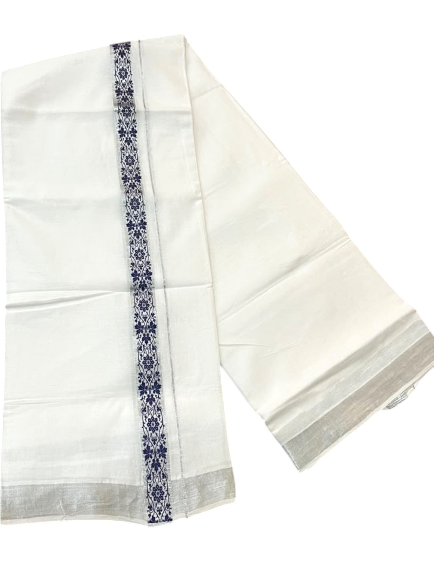 Southloom Pure White Cotton Mundu with Blue and Silver Kasavu Border (South Indian Kerala Dhoti)