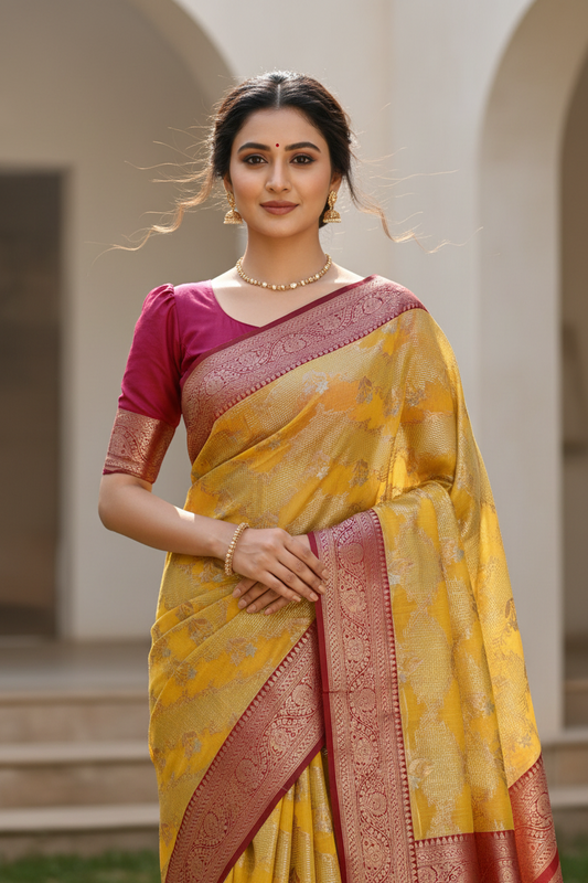 Southloom Tissue Banarasi Silk Saree with Woven Work on Body and Borders (Yellow & Magenta)