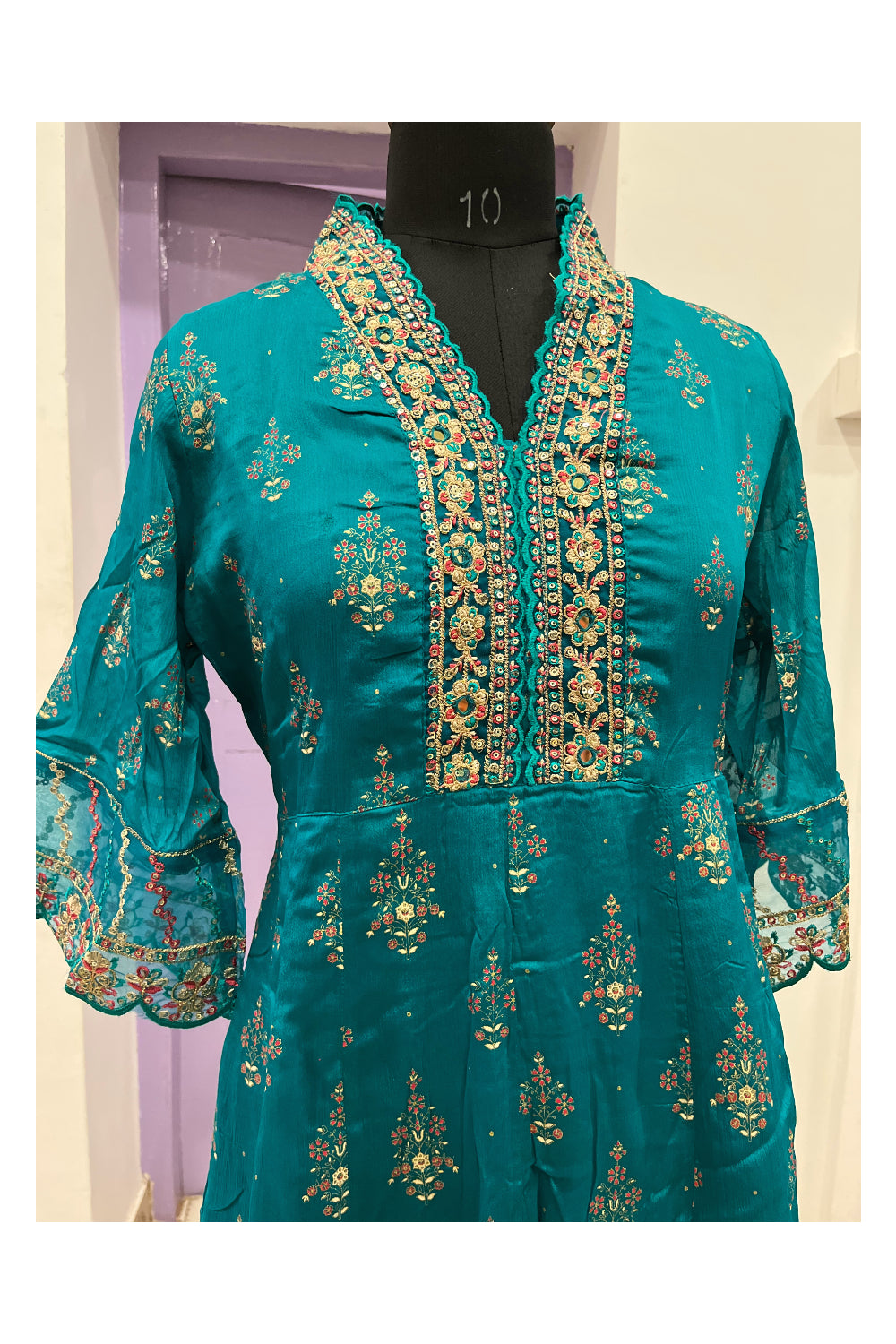 Southloom Stitched Semi Silk Green Salwar Set with Sequins Works in Yoke