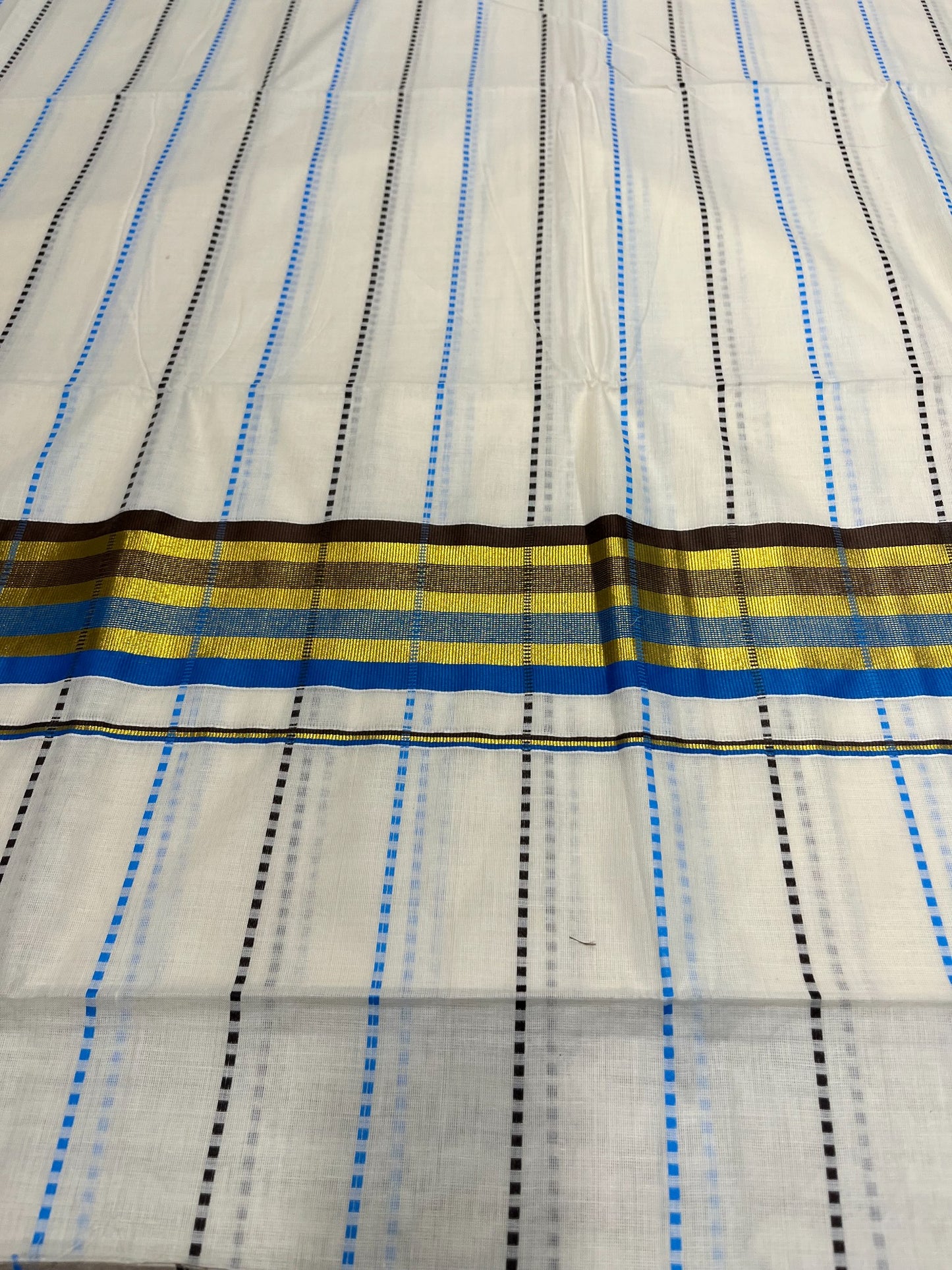 Southloom Cotton Kasavu Saree with Blue and Brown Thread Work Across Body