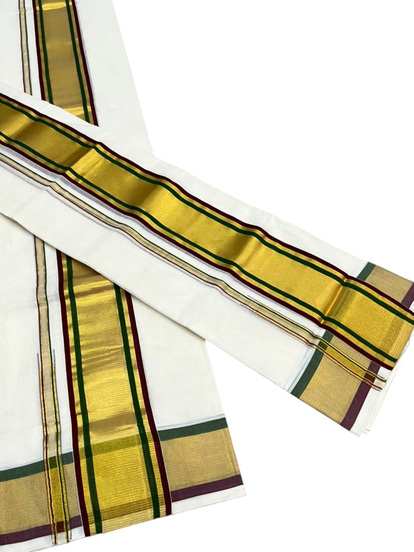 Southloom Premium Handloom Set Mundu with Maroon & Olive Green Border and Kasavu Lines Across Body 2.80 Mtrs